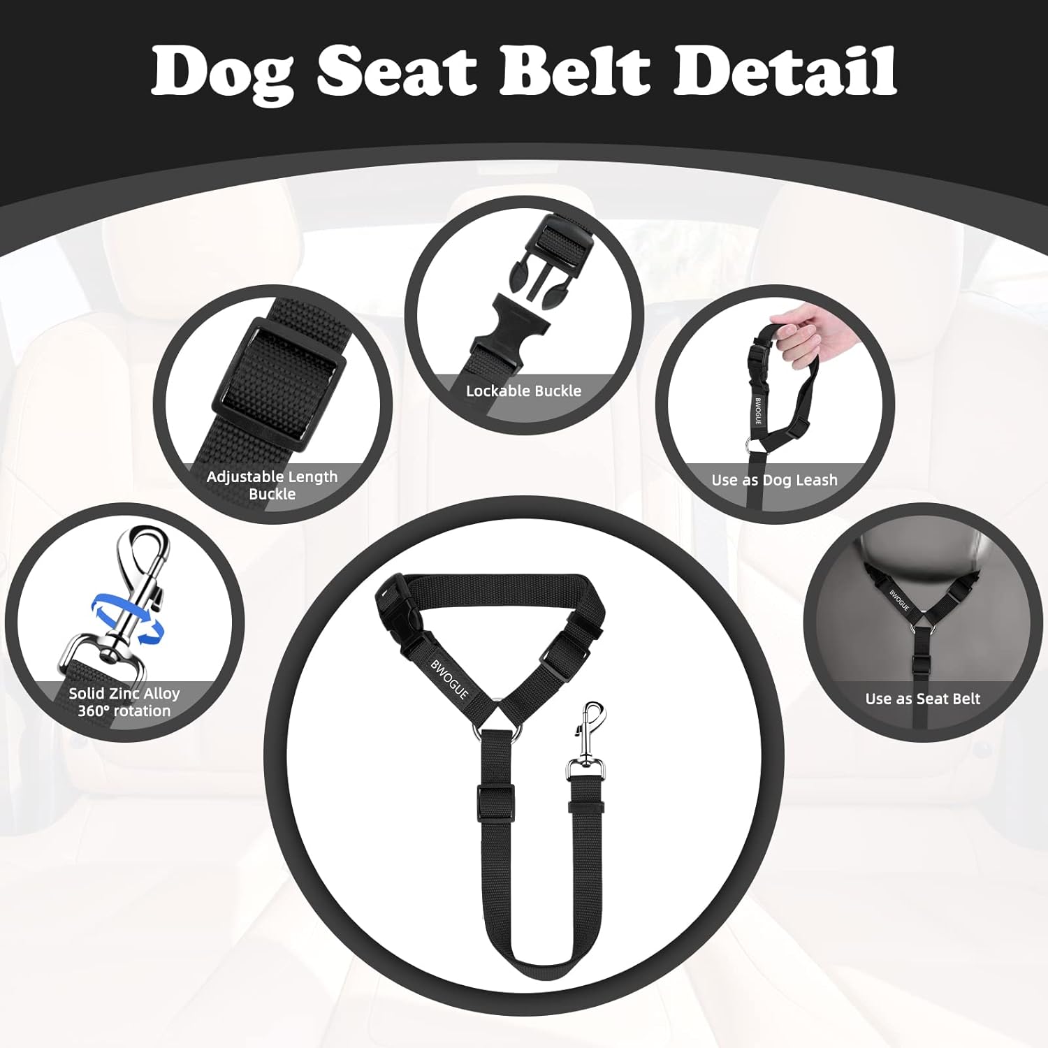 BWOGUE 2 Pack Dog Seat Belt for Car, Headrest Restraint Safety Leads | Headrest Loop for Car Travel, 18-30 in Adjustable, 2-in-1 Seat Belt and Leash, 2 Pack for Dogs and Cats, Use with Dog Harness - Image 3
