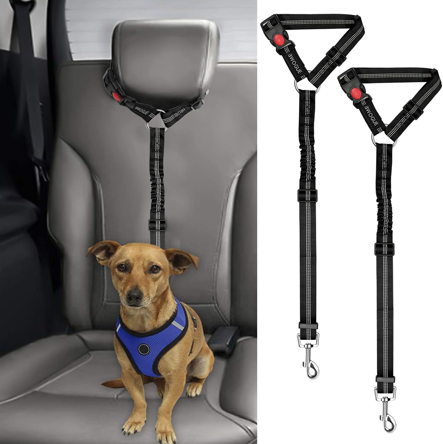BWOGUE 2 Pack Dog Seat Belt for Car, Headrest Restraint Safety Leads | Headrest Loop for Car Travel, 18-30 in Adjustable, 2-in-1 Seat Belt and Leash, 2 Pack for Dogs and Cats, Use with Dog Harness - Image 9
