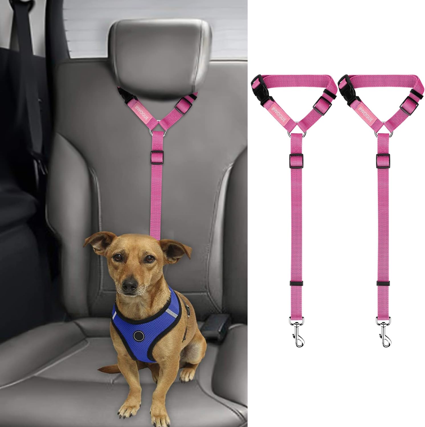 BWOGUE 2 Pack Dog Seat Belt for Car, Headrest Restraint Safety Leads | Headrest Loop for Car Travel, 18-30 in Adjustable, 2-in-1 Seat Belt and Leash, 2 Pack for Dogs and Cats, Use with Dog Harness - Image 21