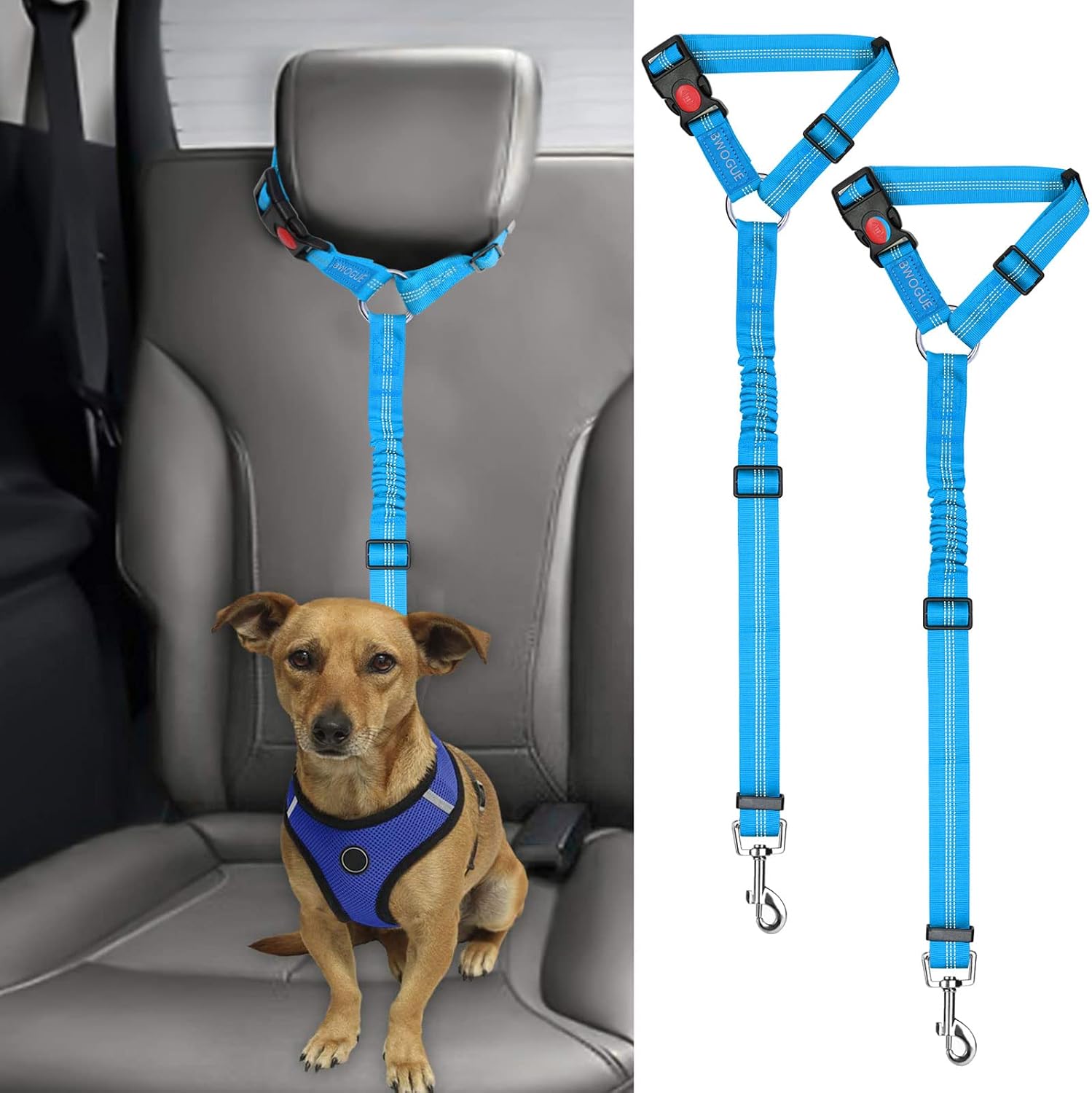 BWOGUE 2 Pack Dog Seat Belt for Car, Headrest Restraint Safety Leads | Headrest Loop for Car Travel, 18-30 in Adjustable, 2-in-1 Seat Belt and Leash, 2 Pack for Dogs and Cats, Use with Dog Harness - Image 26