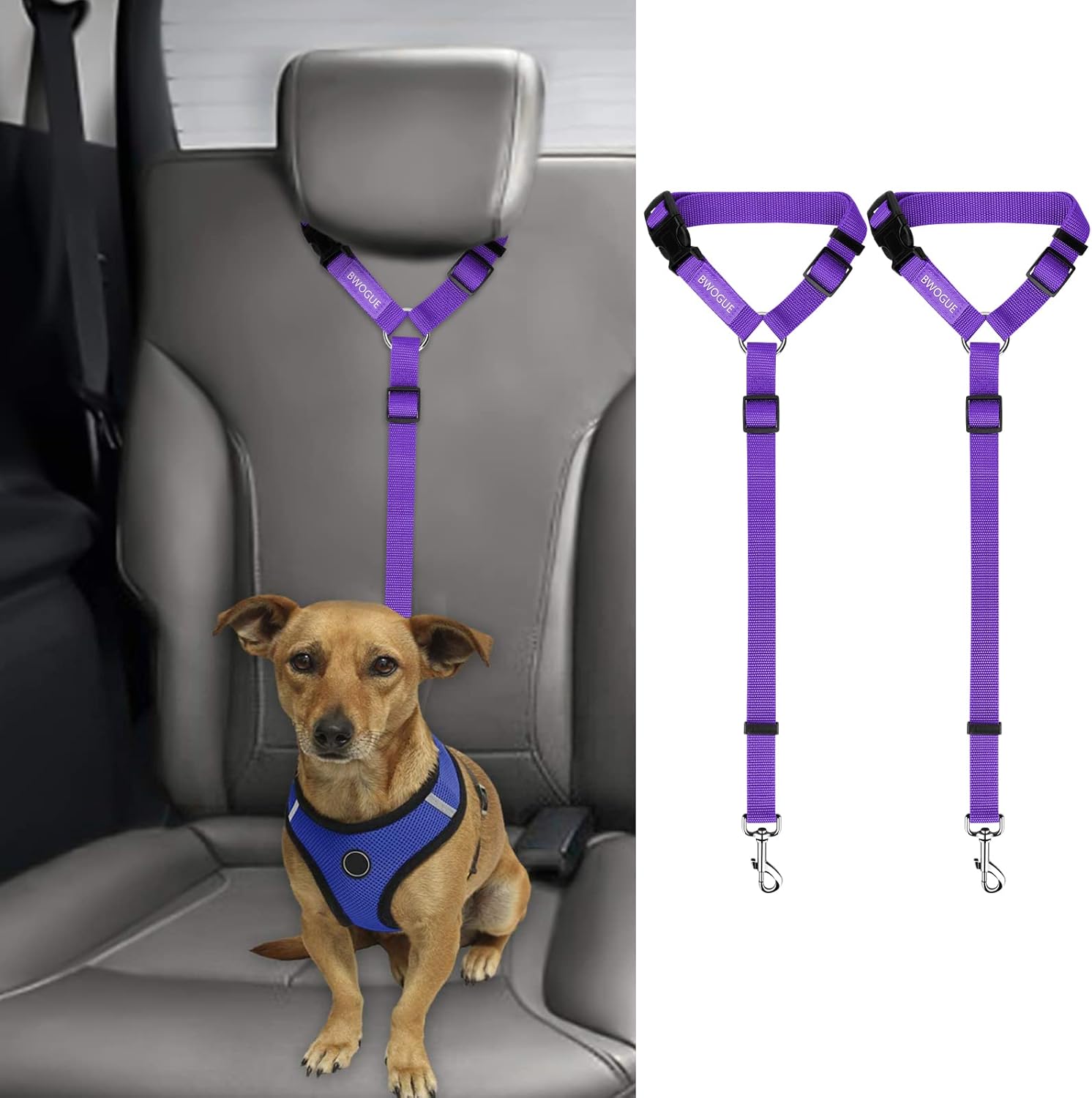 BWOGUE 2 Pack Dog Seat Belt for Car, Headrest Restraint Safety Leads | Headrest Loop for Car Travel, 18-30 in Adjustable, 2-in-1 Seat Belt and Leash, 2 Pack for Dogs and Cats, Use with Dog Harness - Image 19