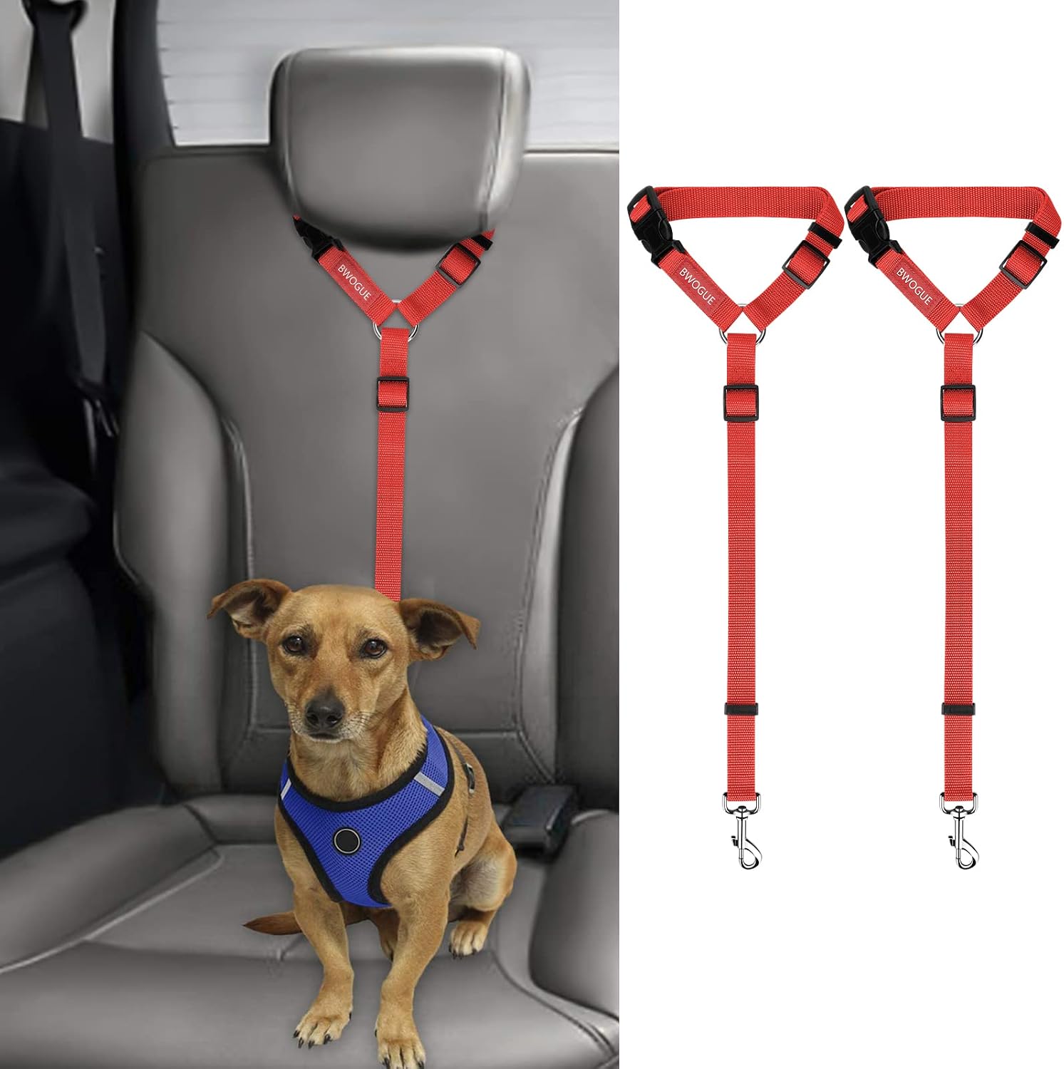 BWOGUE 2 Pack Dog Seat Belt for Car, Headrest Restraint Safety Leads | Headrest Loop for Car Travel, 18-30 in Adjustable, 2-in-1 Seat Belt and Leash, 2 Pack for Dogs and Cats, Use with Dog Harness - Image 17