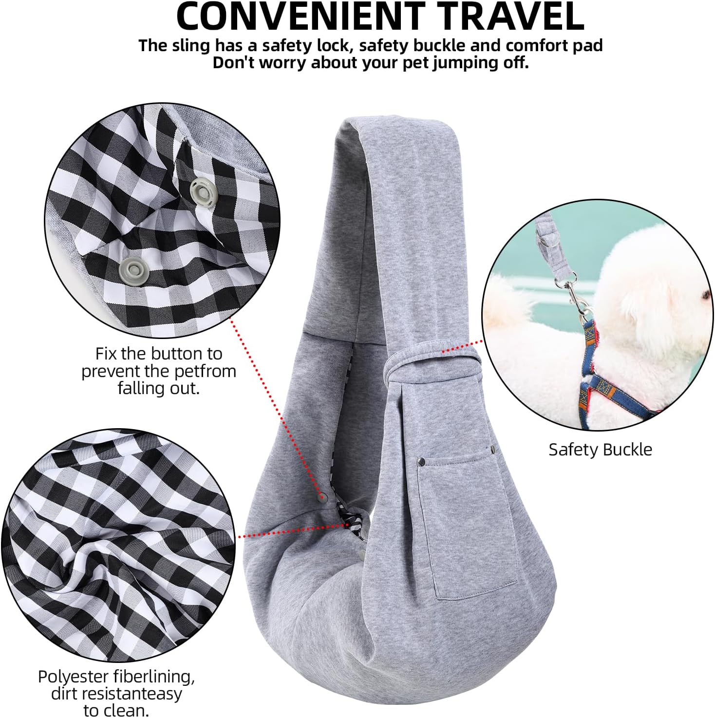 Dog and Cats Carrier Sling, Puppy Small Pet Carrier with Storage Pocket | Reversible Dog Sling Carrier, Safety buckle, Storage Pocket, Machine Washable for Travel, Outdoor Activities, Hand-Free, Gray - Image 4