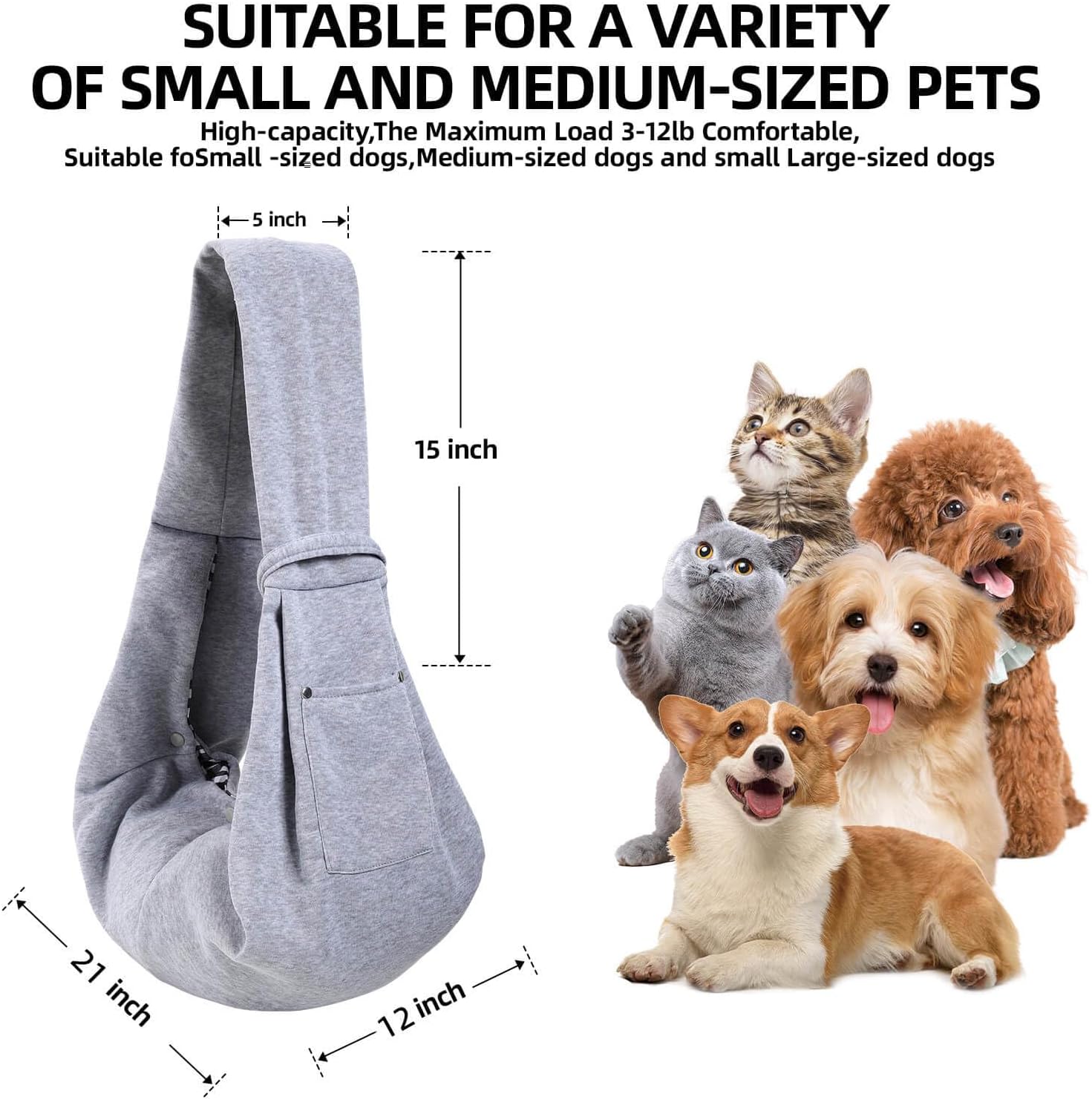 Dog and Cats Carrier Sling, Puppy Small Pet Carrier with Storage Pocket | Reversible Dog Sling Carrier, Safety buckle, Storage Pocket, Machine Washable for Travel, Outdoor Activities, Hand-Free, Gray - Image 5
