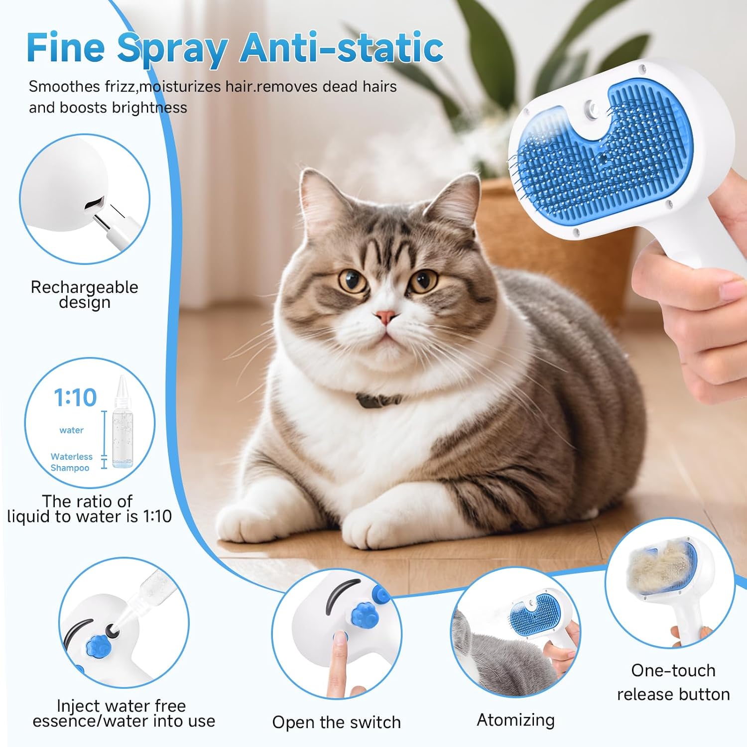 LetsFeed Pet Steam Brush for Dogs & Cats, 3-in-1 Shedding Grooming Tool | Self Cleaning Spray Comb with Mist, Dog Brush for Shedding, Cat Brush for Hair Removal, Long Haired Pet, Waterless Shampoo - Image 7