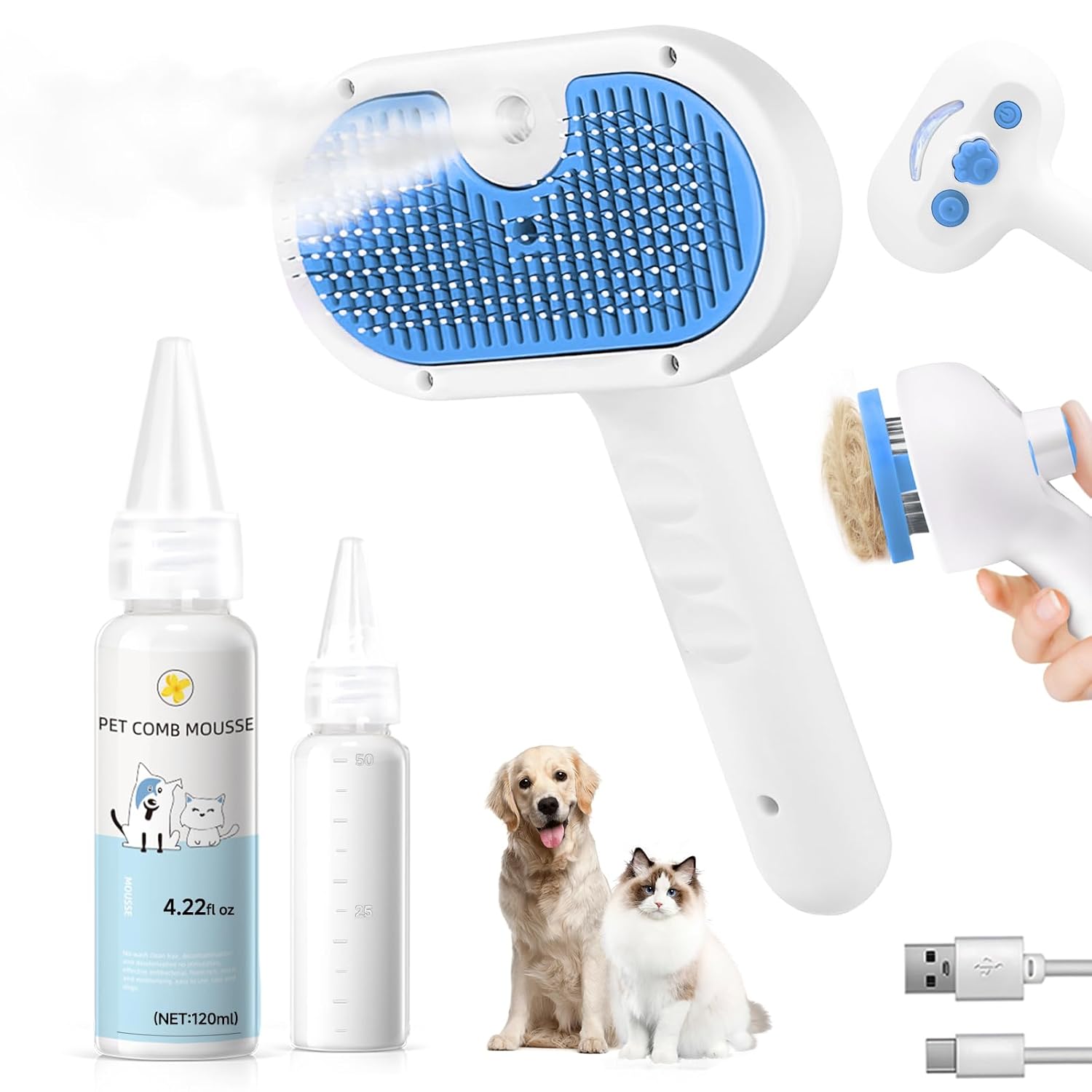LetsFeed Pet Steam Brush for Dogs & Cats, 3-in-1 Shedding Grooming Tool | Self…
