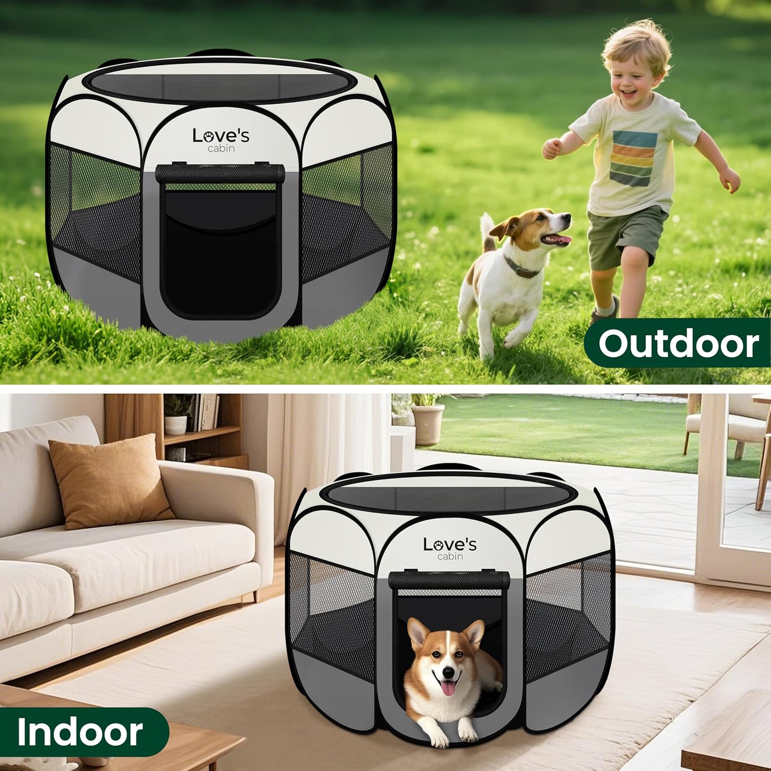 Love's cabin Pet Puppy Dog Playpen, Small Dog Tent Crates Cage Indoor/Outdoor, Portable Playpen for Cat, Foldable Pop Up Dog Kennel Playpen with Carring Case, Removable Zipper Top, Grey - Image 7