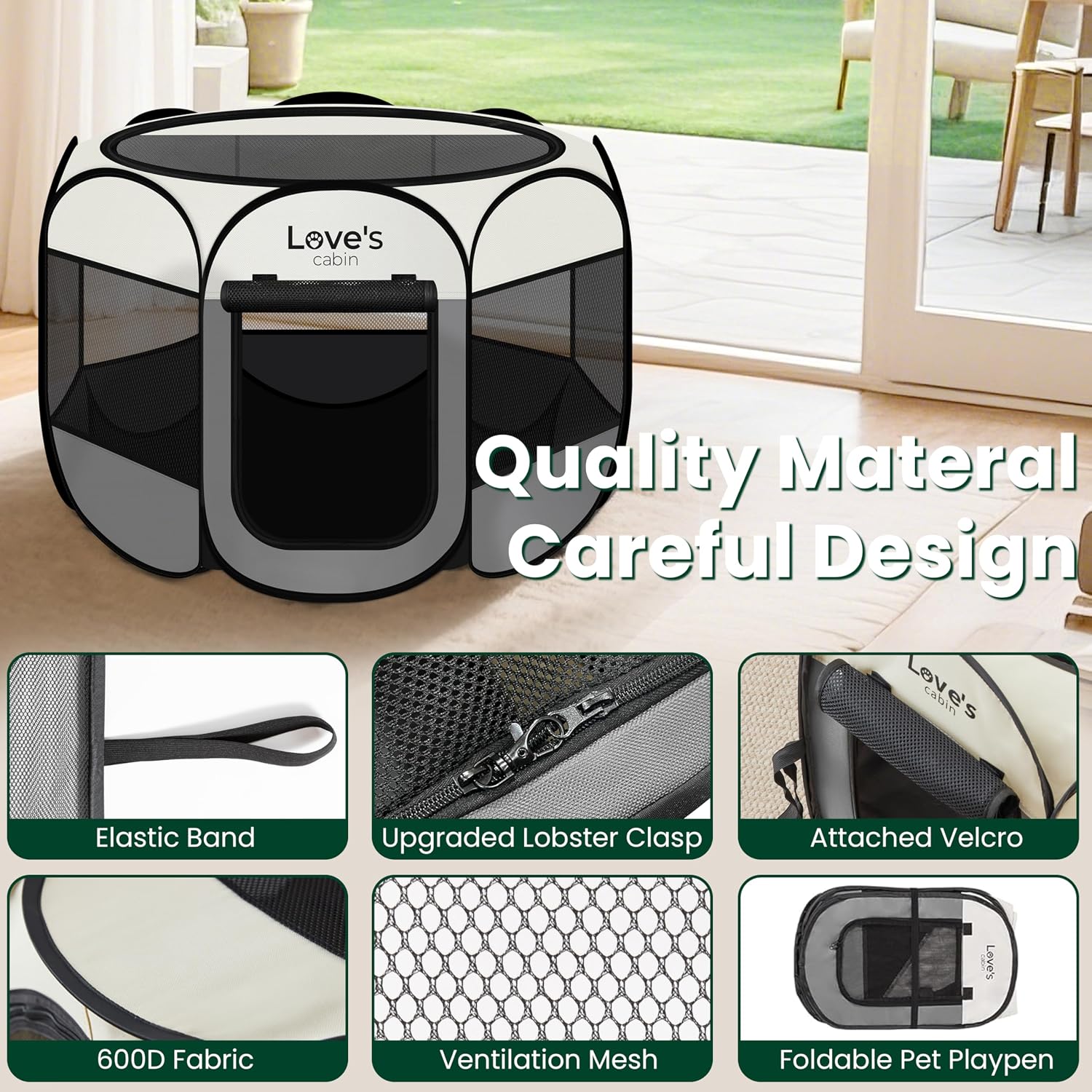 Love's cabin Pet Puppy Dog Playpen, Small Dog Tent Crates Cage Indoor/Outdoor, Portable Playpen for Cat, Foldable Pop Up Dog Kennel Playpen with Carring Case, Removable Zipper Top, Grey - Image 5