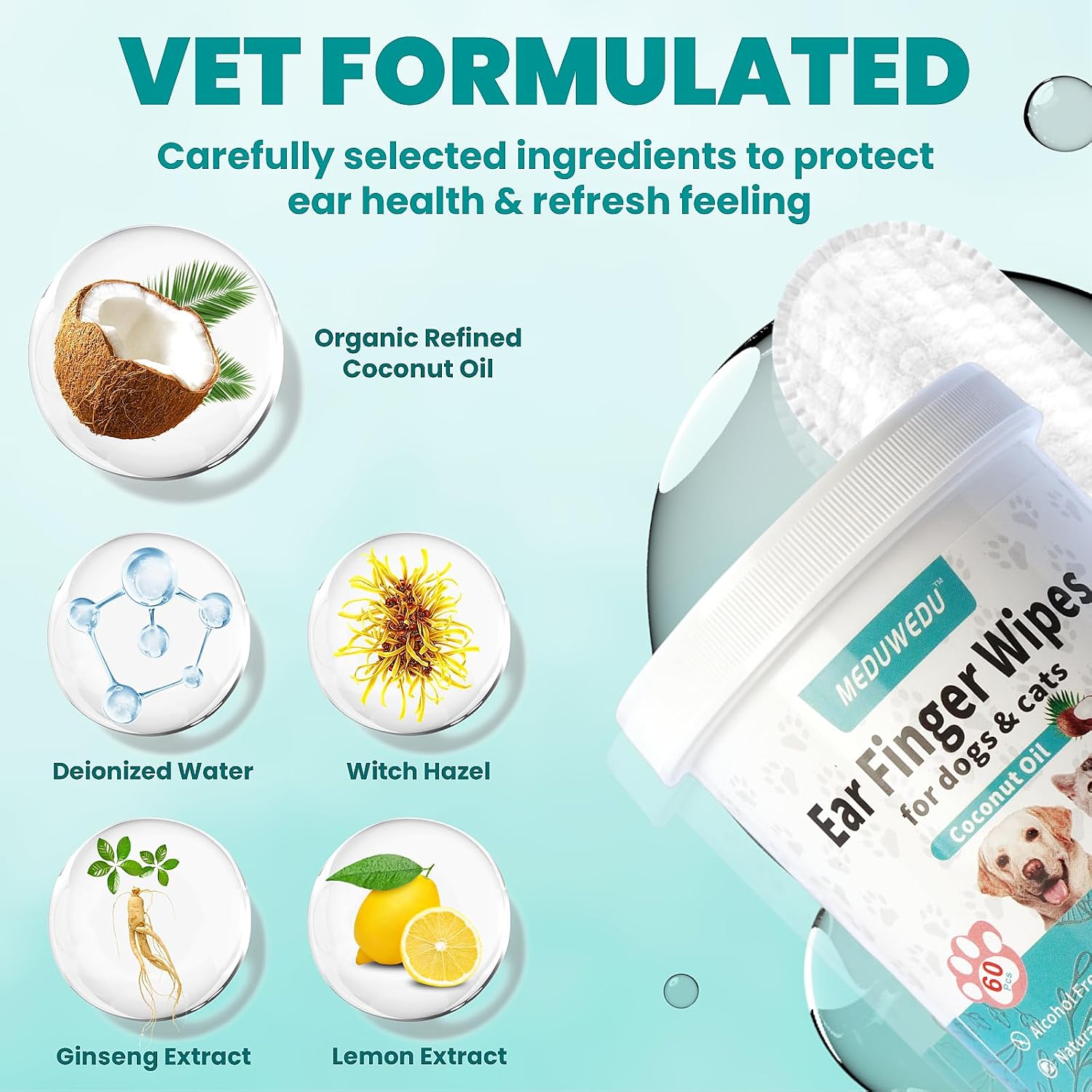 MEDUWEDU Ear Cleaner Finger Wipes 60 Counts, Dog Ear Cleaner, Grooming Kit Care for Dogs and Cats, Soft & Easy Otic Cleaning Pads, Remove Wax, Dirt & Stop Smelly, Itchy, Non-Irritating, Coconut Scent - Image 3