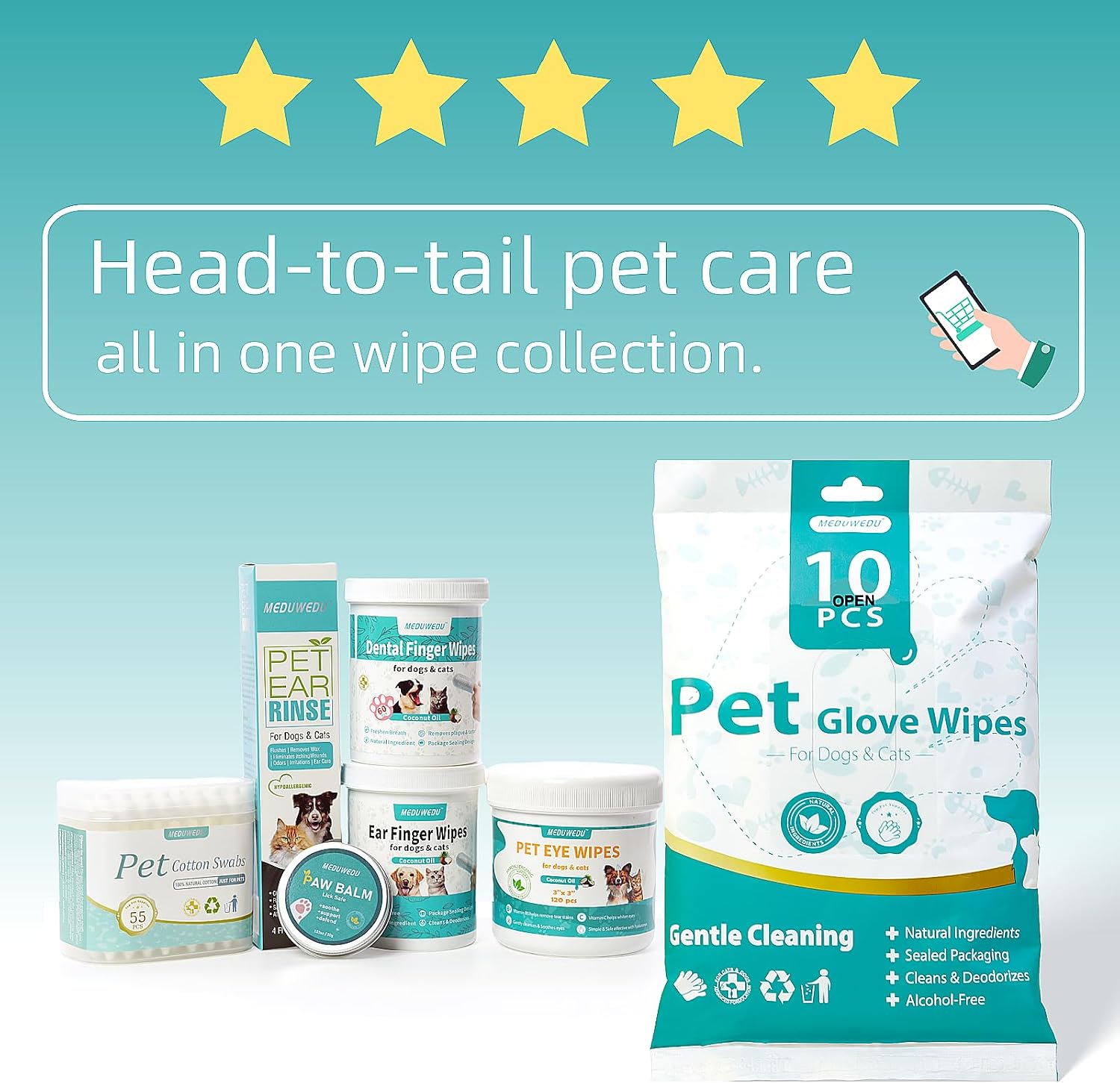 MEDUWEDU Ear Cleaner Finger Wipes 60 Counts, Dog Ear Cleaner, Grooming Kit Care for Dogs and Cats, Soft & Easy Otic Cleaning Pads, Remove Wax, Dirt & Stop Smelly, Itchy, Non-Irritating, Coconut Scent - Image 8
