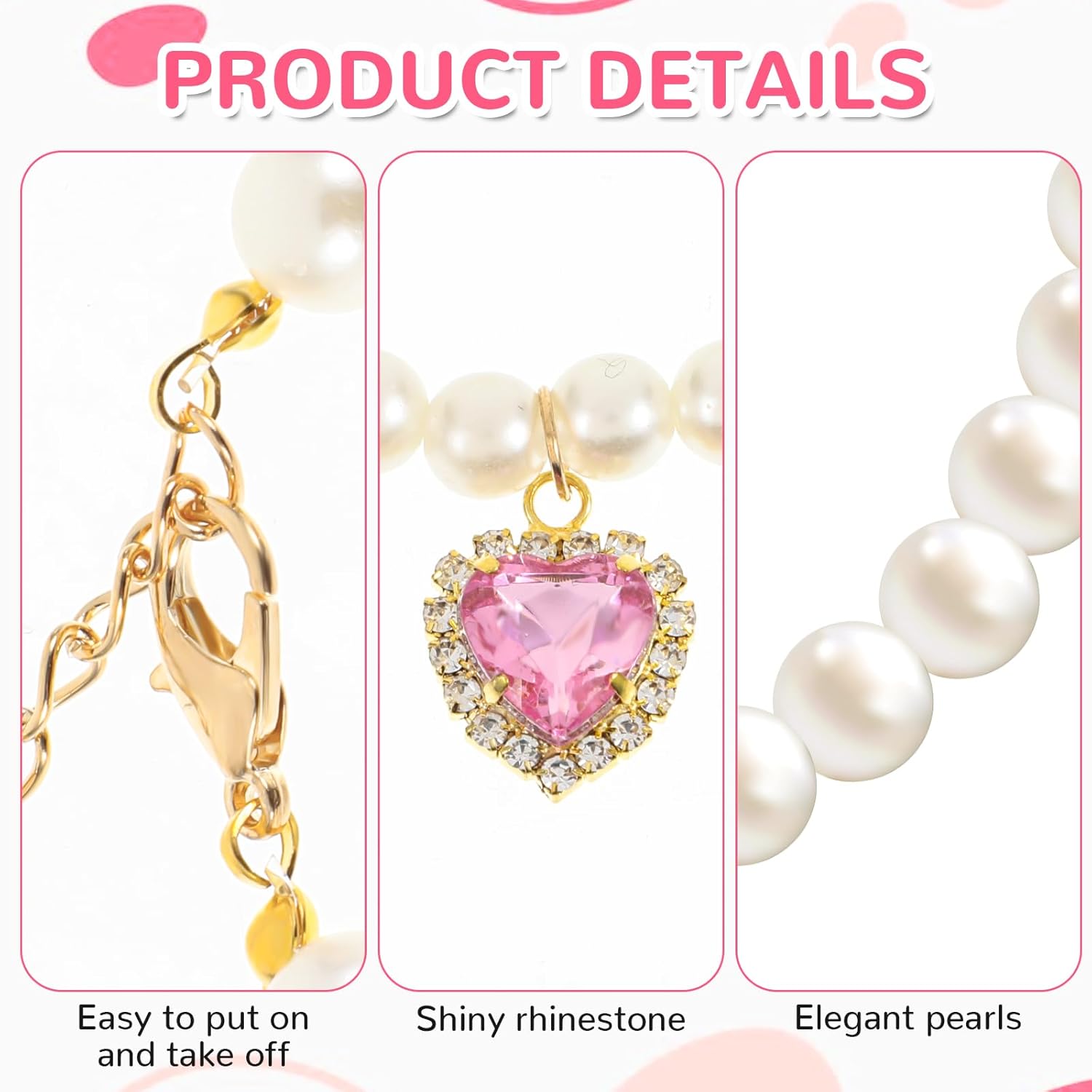 Tyqour 2pcs Cute Girl Cat Collar, Pearl Cat Dog Collar with Small Heart Shape Rhinestone for Small Dogs and Cats Adjustable Fancy Dog Pearl Necklace Collars, Pink Heart + White Heart - Image 4