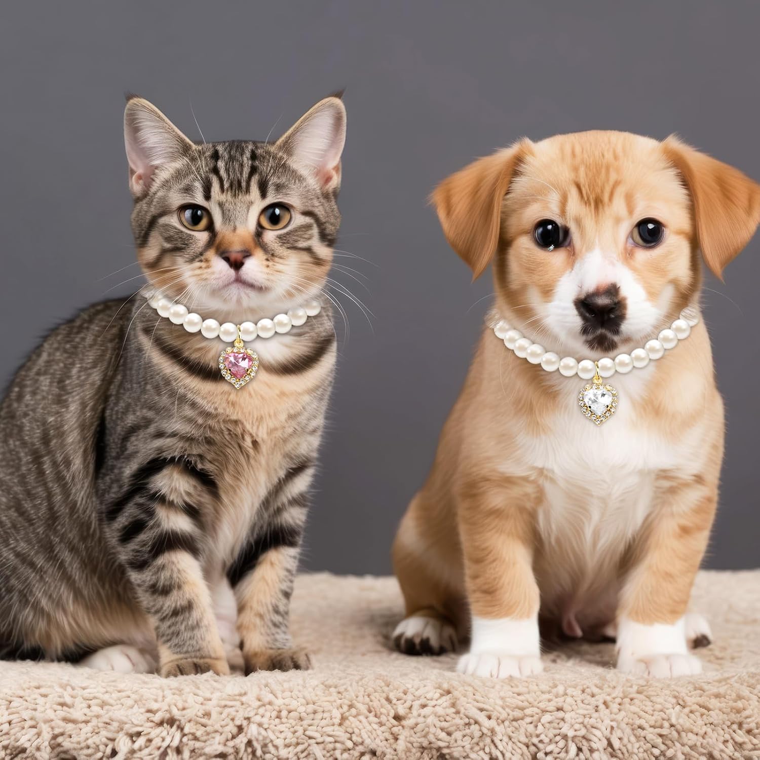 Tyqour 2pcs Cute Girl Cat Collar, Pearl Cat Dog Collar with Small Heart Shape Rhinestone for Small Dogs and Cats Adjustable Fancy Dog Pearl Necklace Collars, Pink Heart + White Heart - Image 3