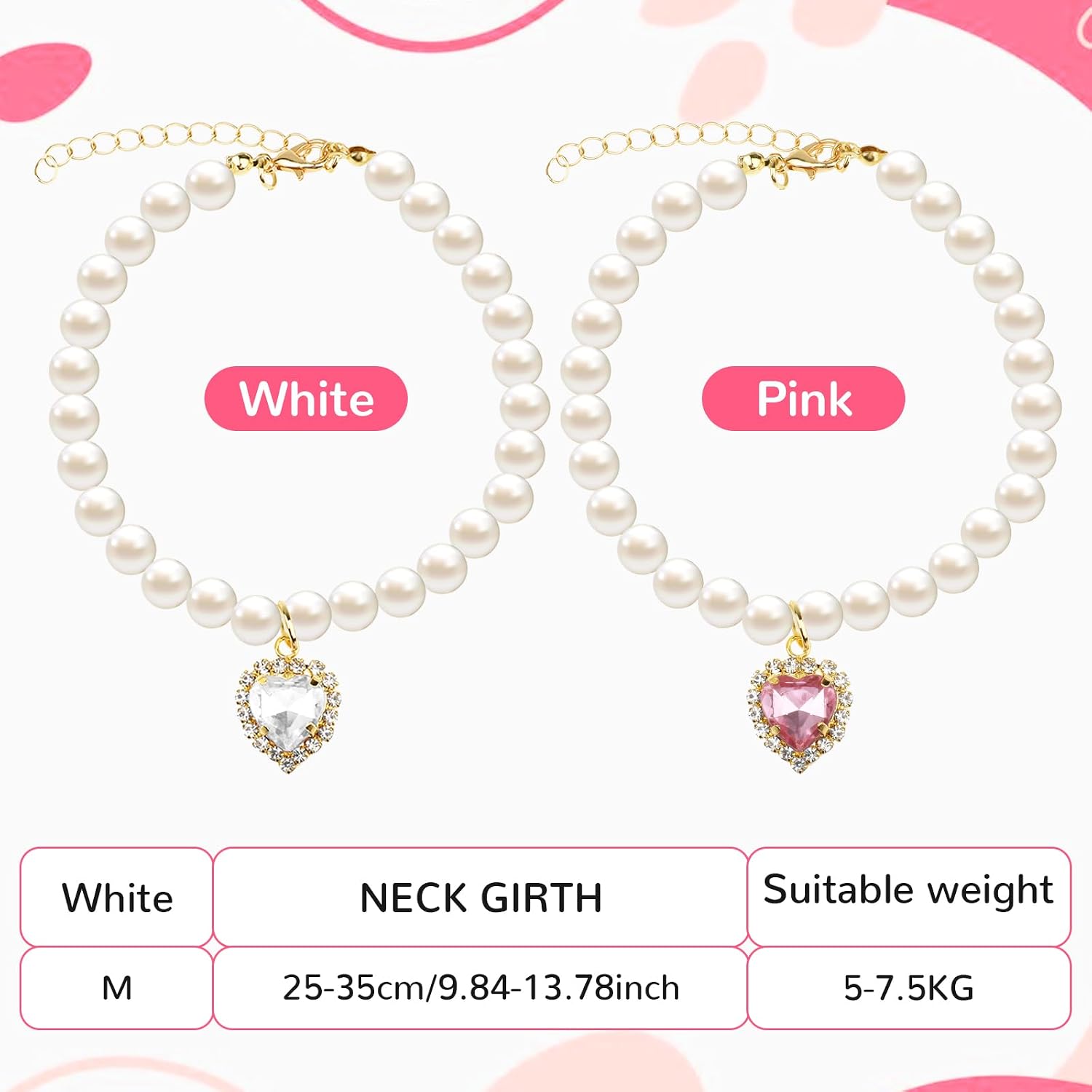 Tyqour 2pcs Cute Girl Cat Collar, Pearl Cat Dog Collar with Small Heart Shape Rhinestone for Small Dogs and Cats Adjustable Fancy Dog Pearl Necklace Collars, Pink Heart + White Heart - Image 5