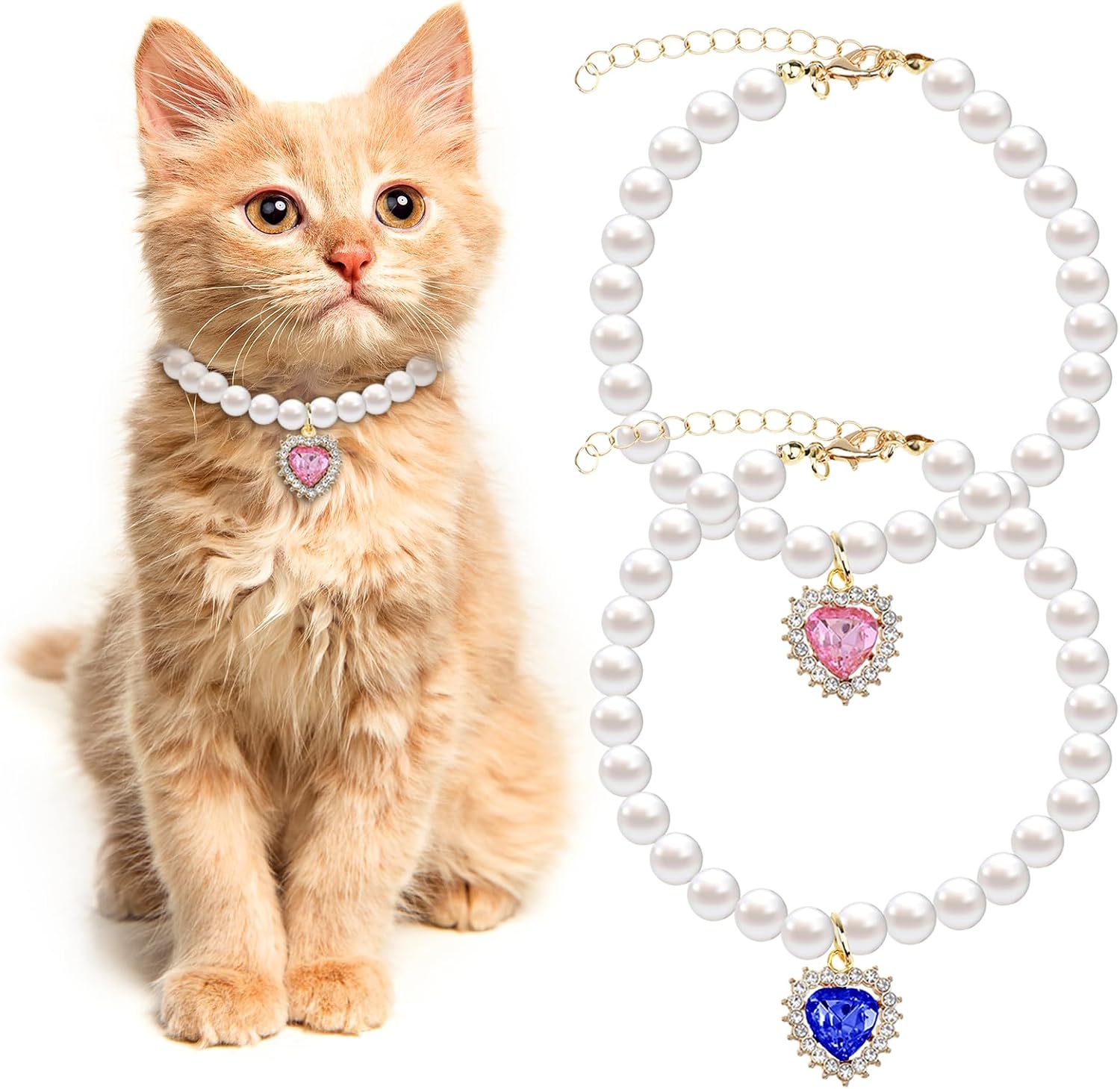 Tyqour 2pcs Cute Girl Cat Collar, Pearl Cat Dog Collar with Small Heart Shape Rhinestone for Small Dogs and Cats Adjustable Fancy Dog Pearl Necklace Collars, Pink Heart + White Heart - Image 9