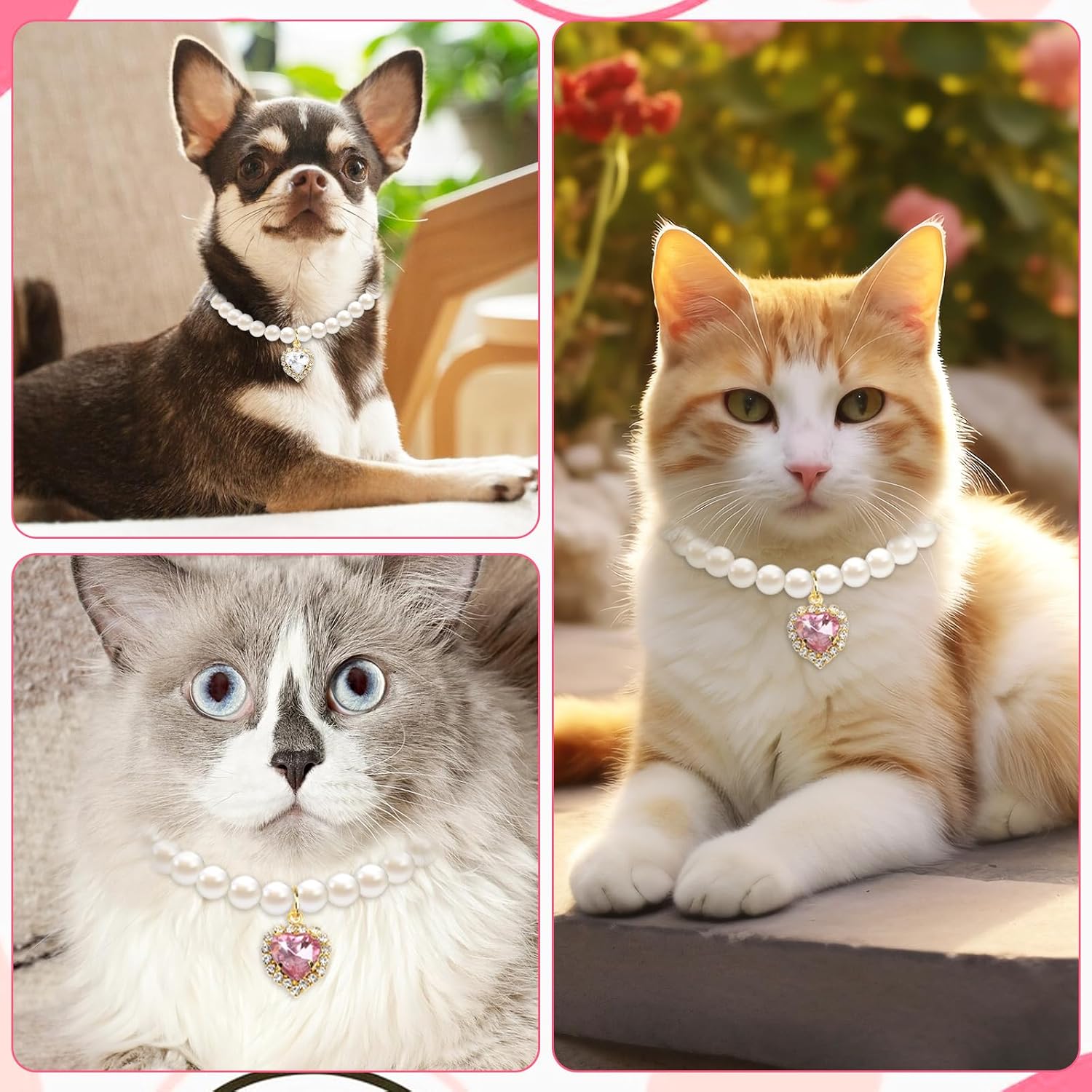 Tyqour 2pcs Cute Girl Cat Collar, Pearl Cat Dog Collar with Small Heart Shape Rhinestone for Small Dogs and Cats Adjustable Fancy Dog Pearl Necklace Collars, Pink Heart + White Heart - Image 6