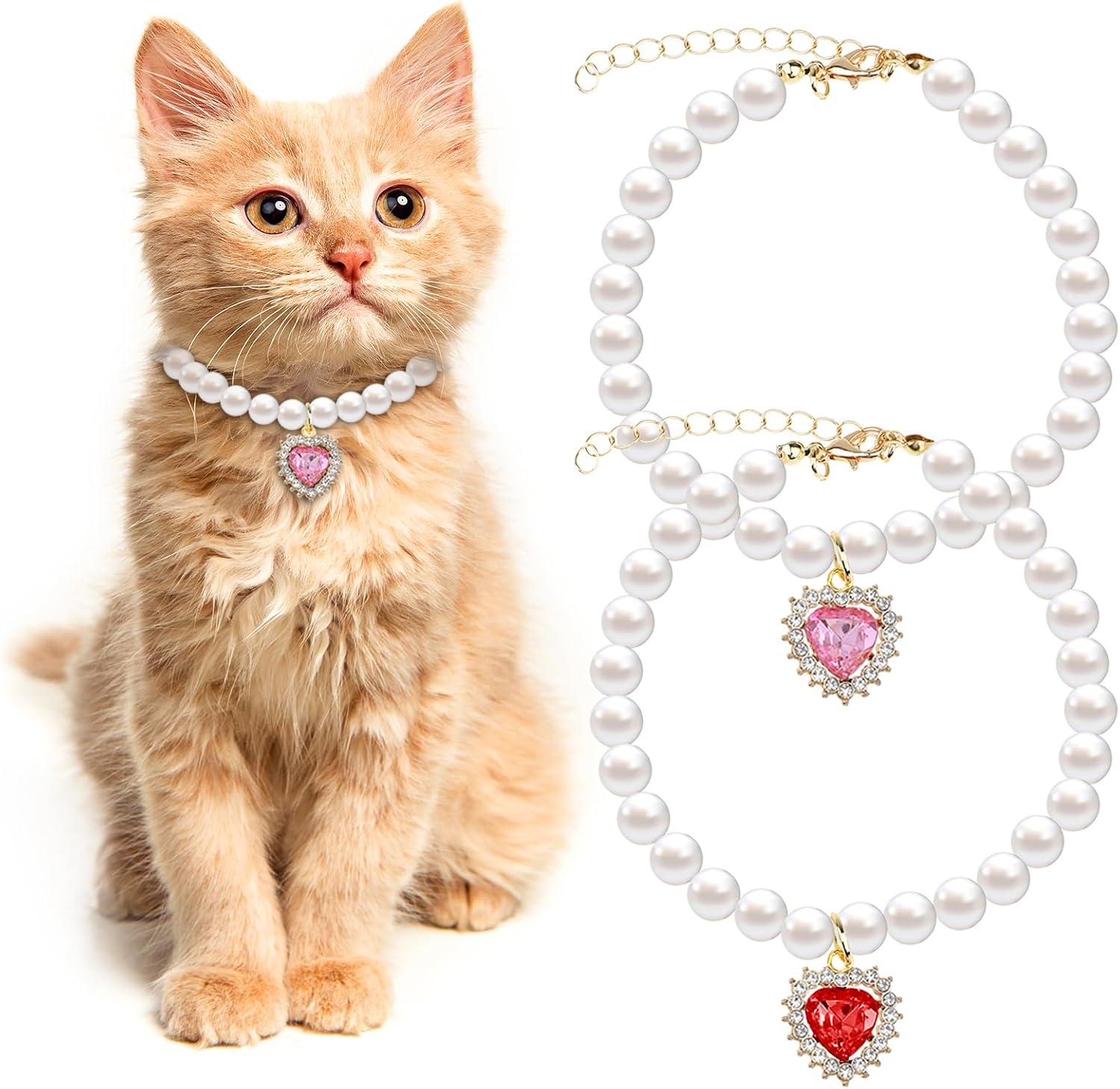 Tyqour 2pcs Cute Girl Cat Collar, Pearl Cat Dog Collar with Small Heart Shape Rhinestone for Small Dogs and Cats Adjustable Fancy Dog Pearl Necklace Collars, Pink Heart + White Heart - Image 10