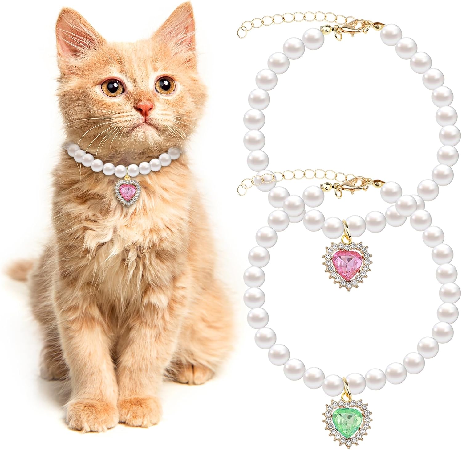Tyqour 2pcs Cute Girl Cat Collar, Pearl Cat Dog Collar with Small Heart Shape Rhinestone for Small Dogs and Cats Adjustable Fancy Dog Pearl Necklace Collars, Pink Heart + White Heart - Image 8