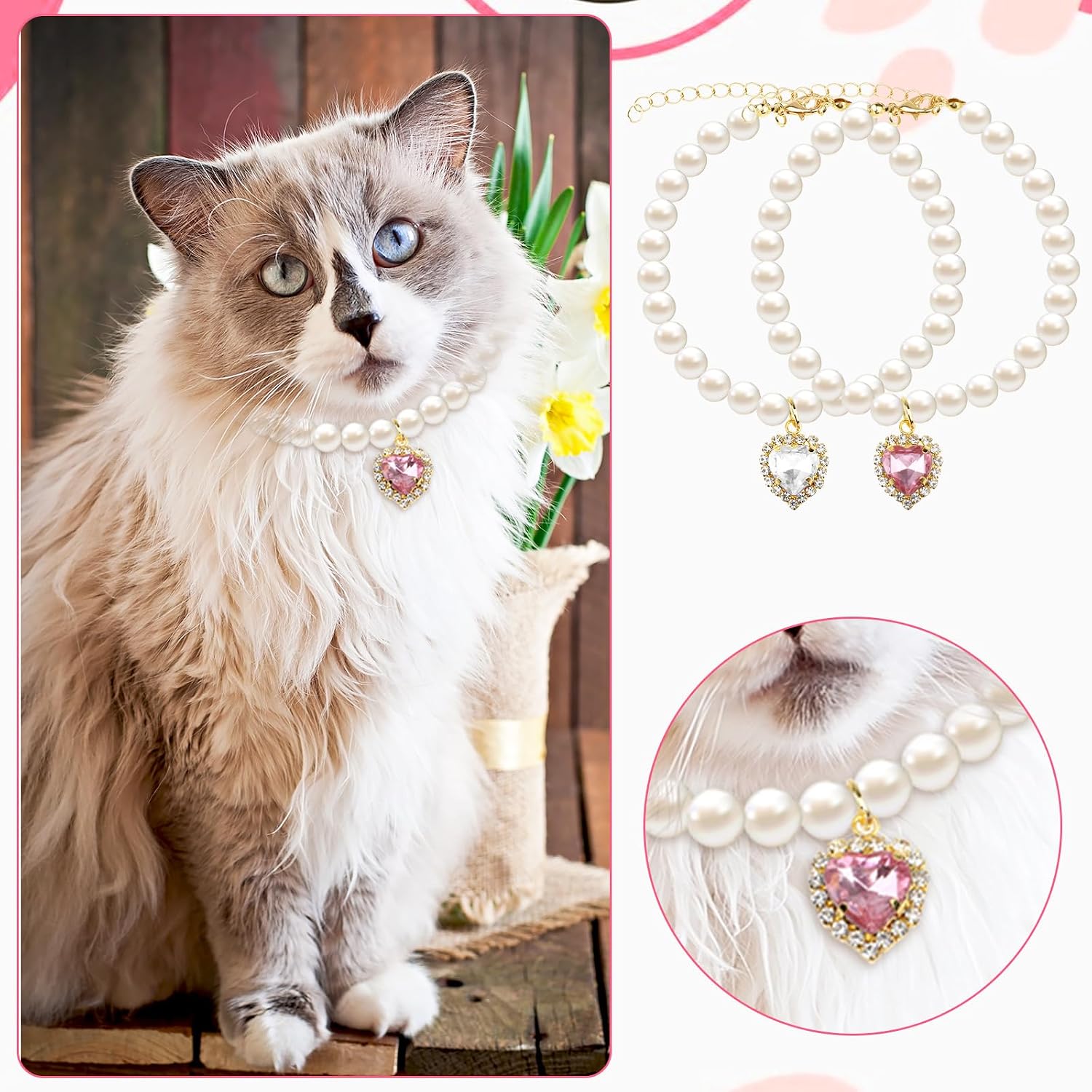 Tyqour 2pcs Cute Girl Cat Collar, Pearl Cat Dog Collar with Small Heart Shape Rhinestone for Small Dogs and Cats Adjustable Fancy Dog Pearl Necklace Collars, Pink Heart + White Heart - Image 7