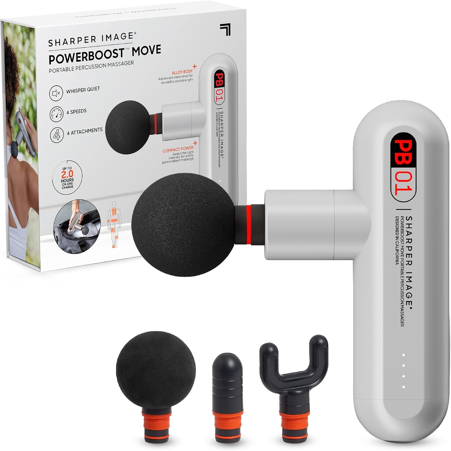 Sharper Image Powerboost Move - Mini Percussion Massage Gun| 4 Attachments, 4 Speeds, FSA Eligible
