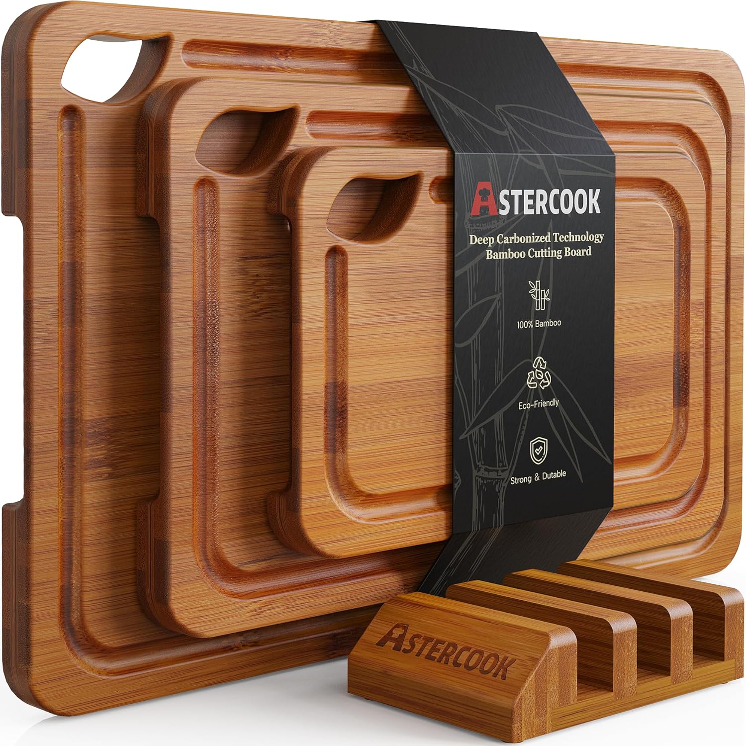 Astercook Deep-Carbonized Bamboo Cutting Boards for Kitchen with Wood Storage