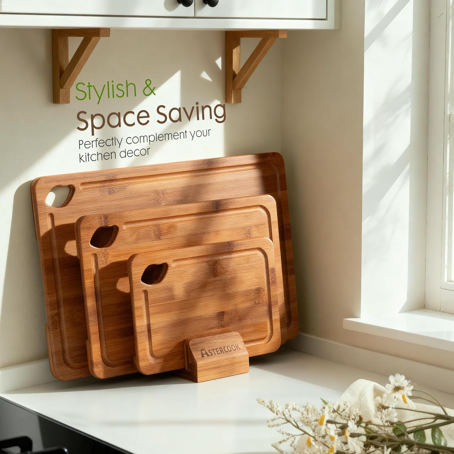Astercook Deep-Carbonized Bamboo Cutting Boards for Kitchen with Wood Storage — view 2