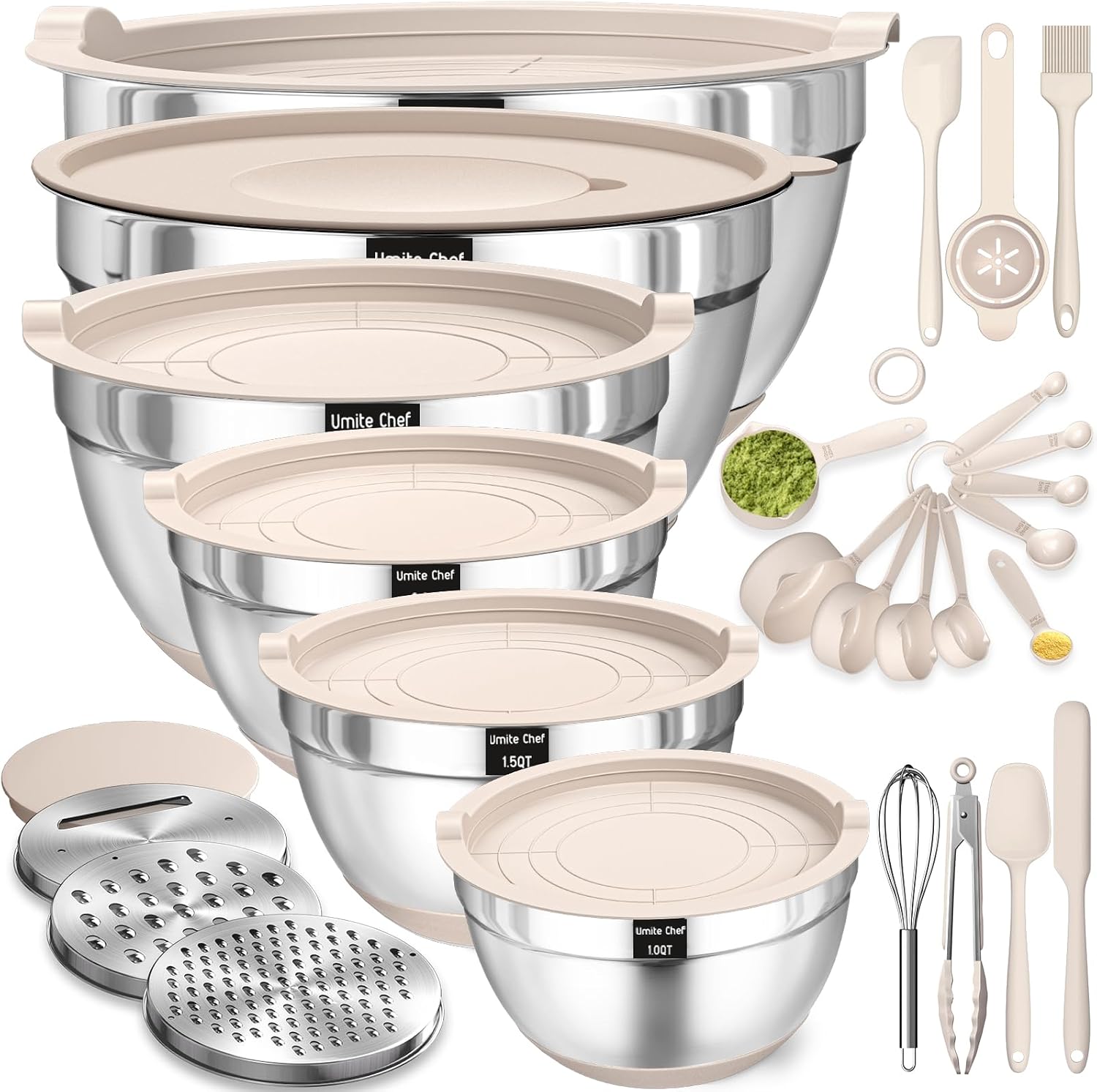 Mixing Bowls with Airtight Lids Set, 26PCS Stainless Steel Khaki Bowls