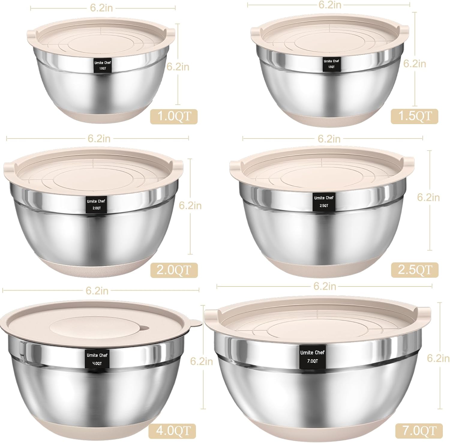 Mixing Bowls with Airtight Lids Set, 26PCS Stainless Steel Khaki Bowls — view 2