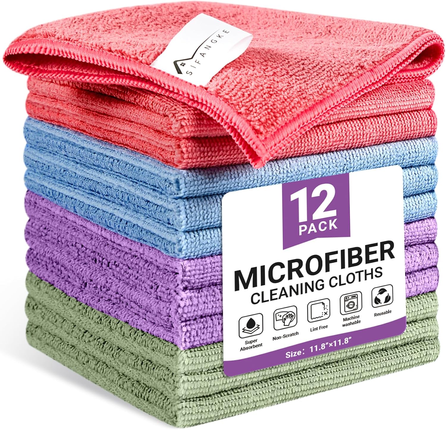 SIFANGKE Microfiber Cleaning Cloth, 12 Pack Assorted Color Cleaning Rags
