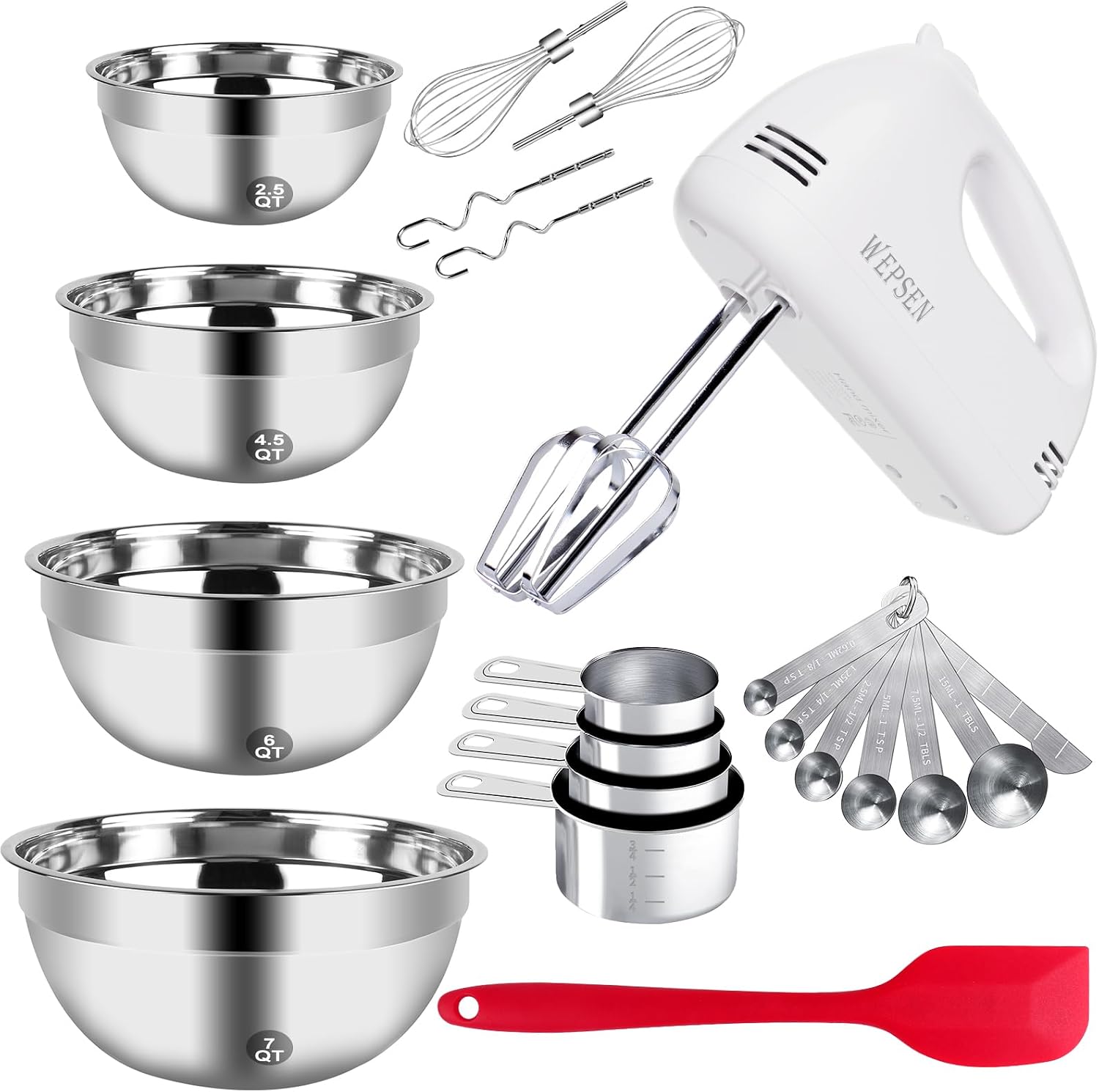 WEPSEN 5-Speed Electric Hand Mixer, 4 Large Mixing Bowls Set, Handheld Mixers