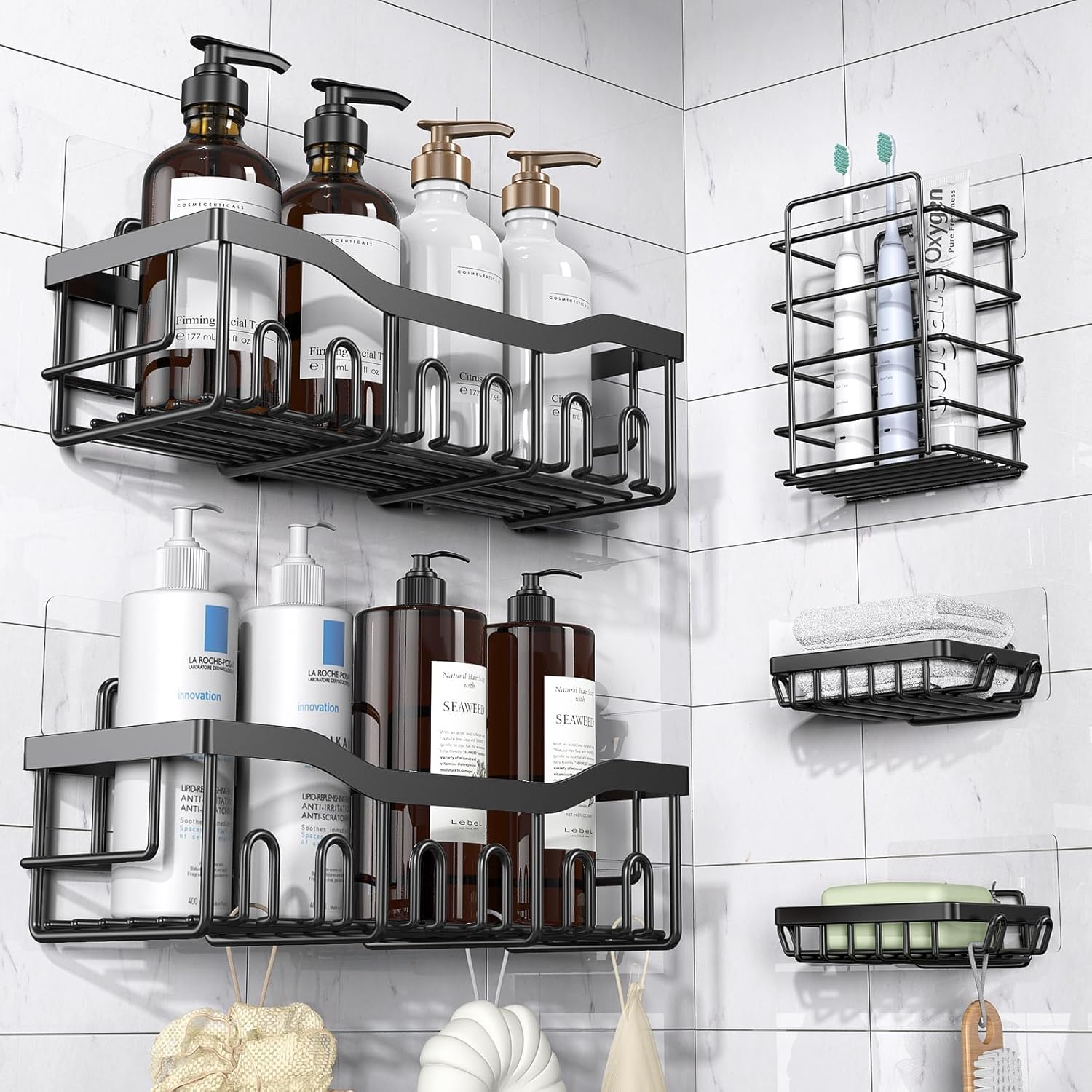 5-Piece Black Adhesive Shower Caddy