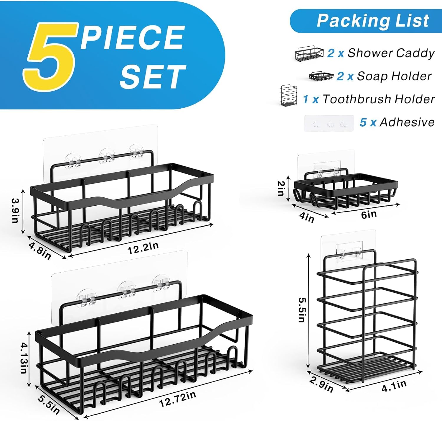 5-Piece Black Adhesive Shower Caddy - Hình 2
