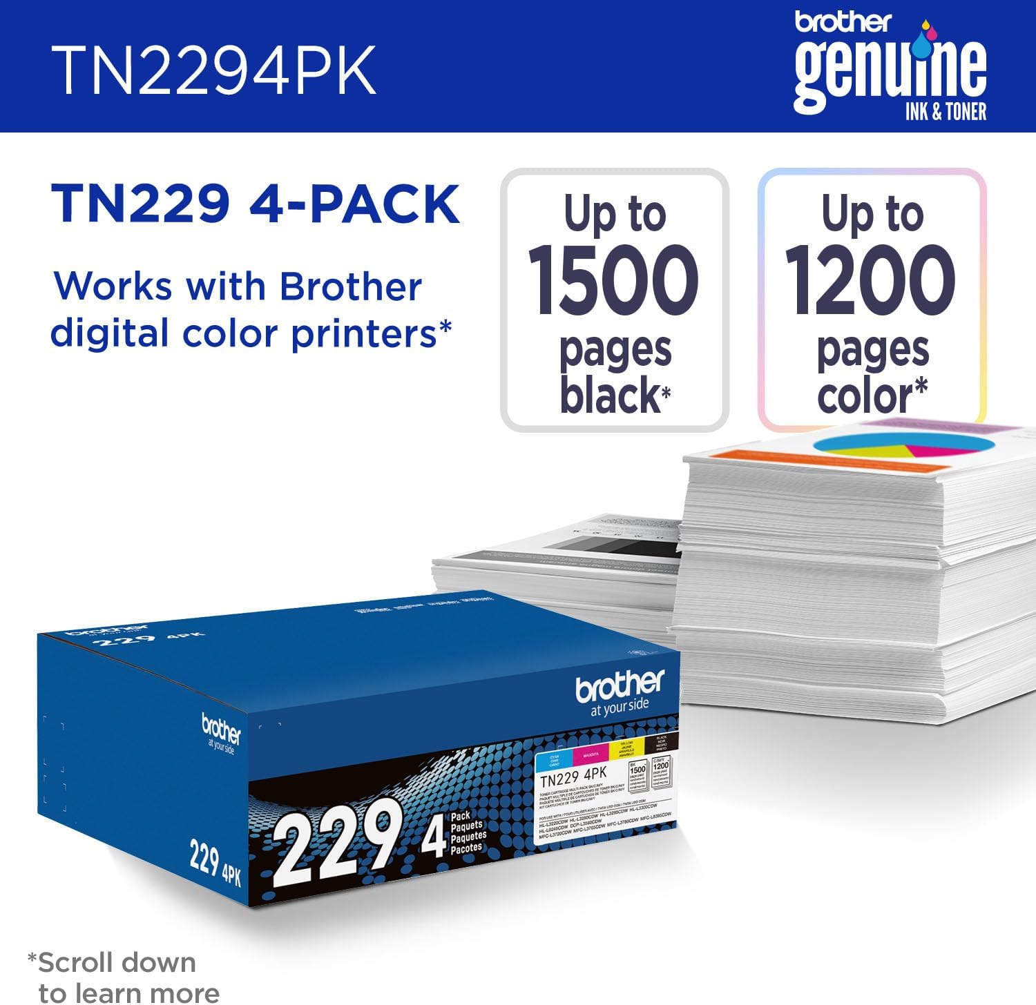 Brother Genuine TN2294PK Standard Yield 4-Pack Printer Toner Cartridges – Black, Cyan, Magenta, Yellow Toner Multipack | Standard-yield 4-pack