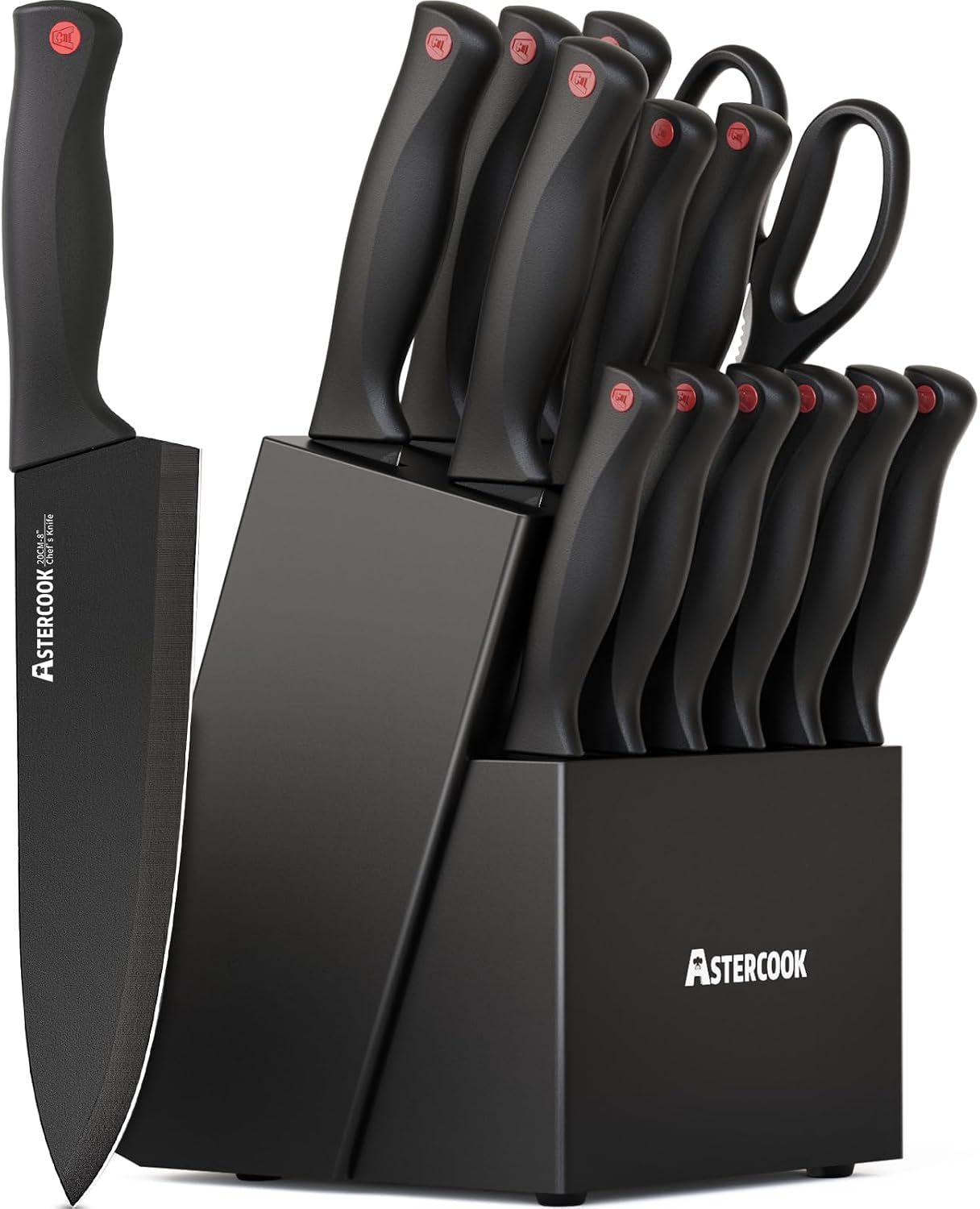 AsterCook 15-Piece Black Knife Set with Integrated Sharpener