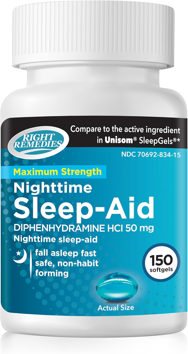 RIGHT REMEDIES Nighttime Sleep Aid Softgels, (150 softgels), Diphenhydramine HCI 50 mg, Fall Asleep