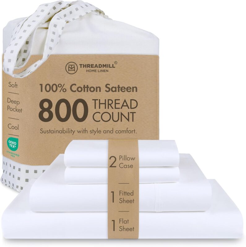 Threadmill White 800 TC Cotton Sateen Sheet Set