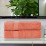 Peach Coral Cotton Bath Towels - Hình 2