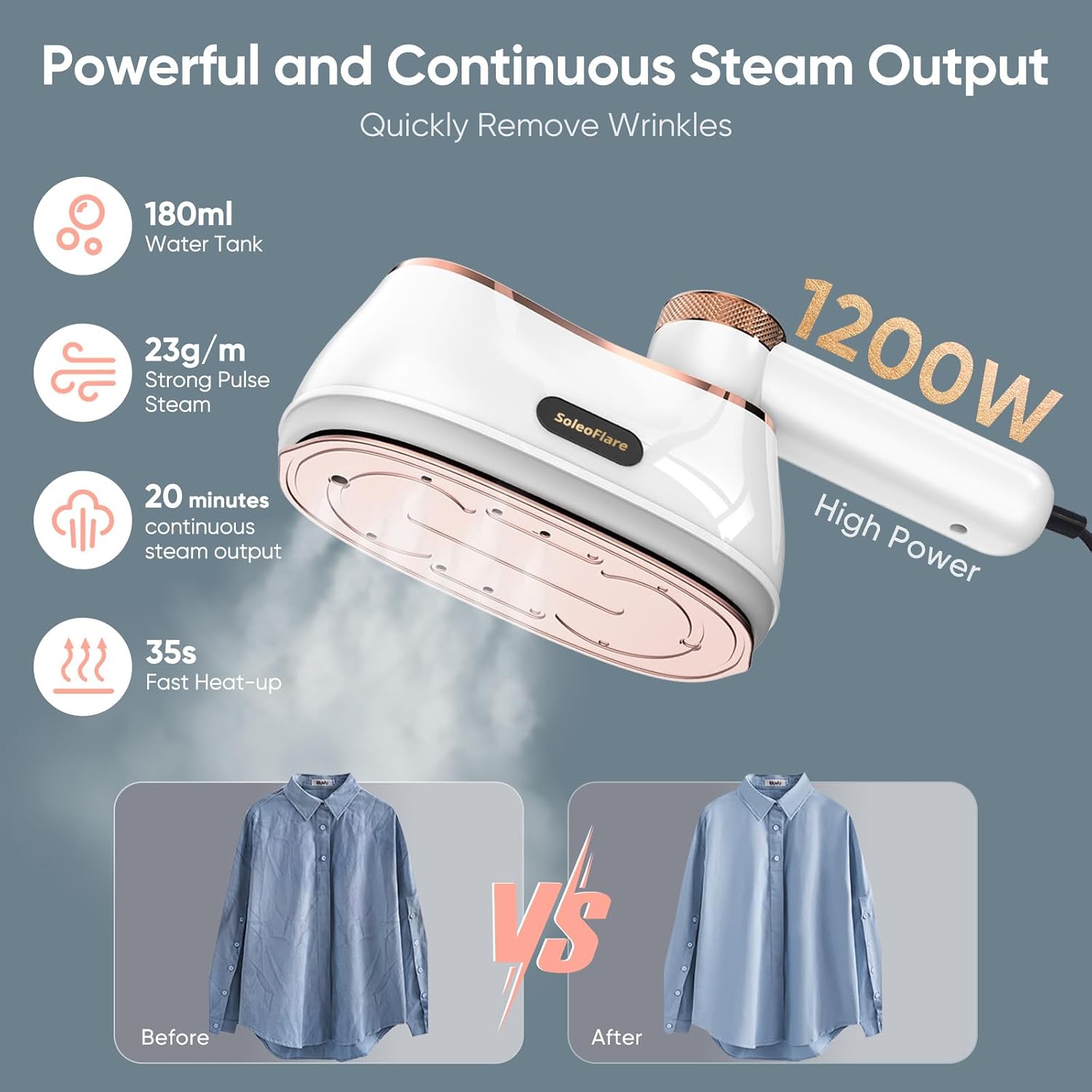 SoleoFlare 1200W Rose Gold Handheld Garment Steamer