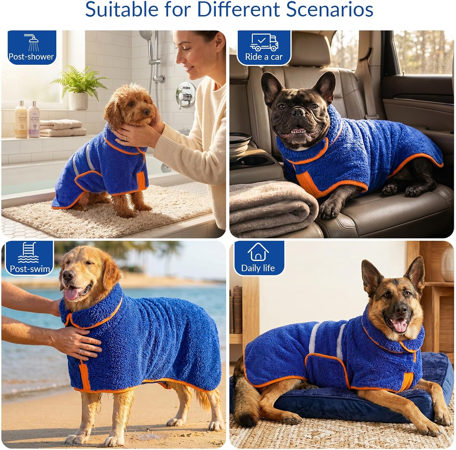 Dog Bathrobe, Super Absorbent for Small to Large Dogs, Dark Blue XL | Dog Robes with Soft Fleece, Warm & Cozy, Adjustable Fit