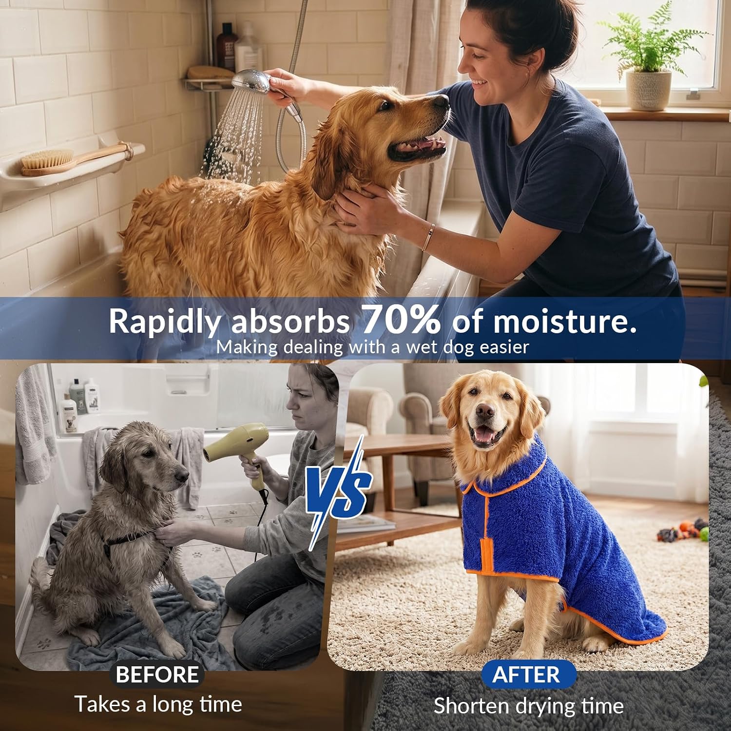 Dog Bathrobe, Super Absorbent for Small to Large Dogs, Dark Blue XL | Dog Robes with Soft Fleece, Warm & Cozy, Adjustable Fit