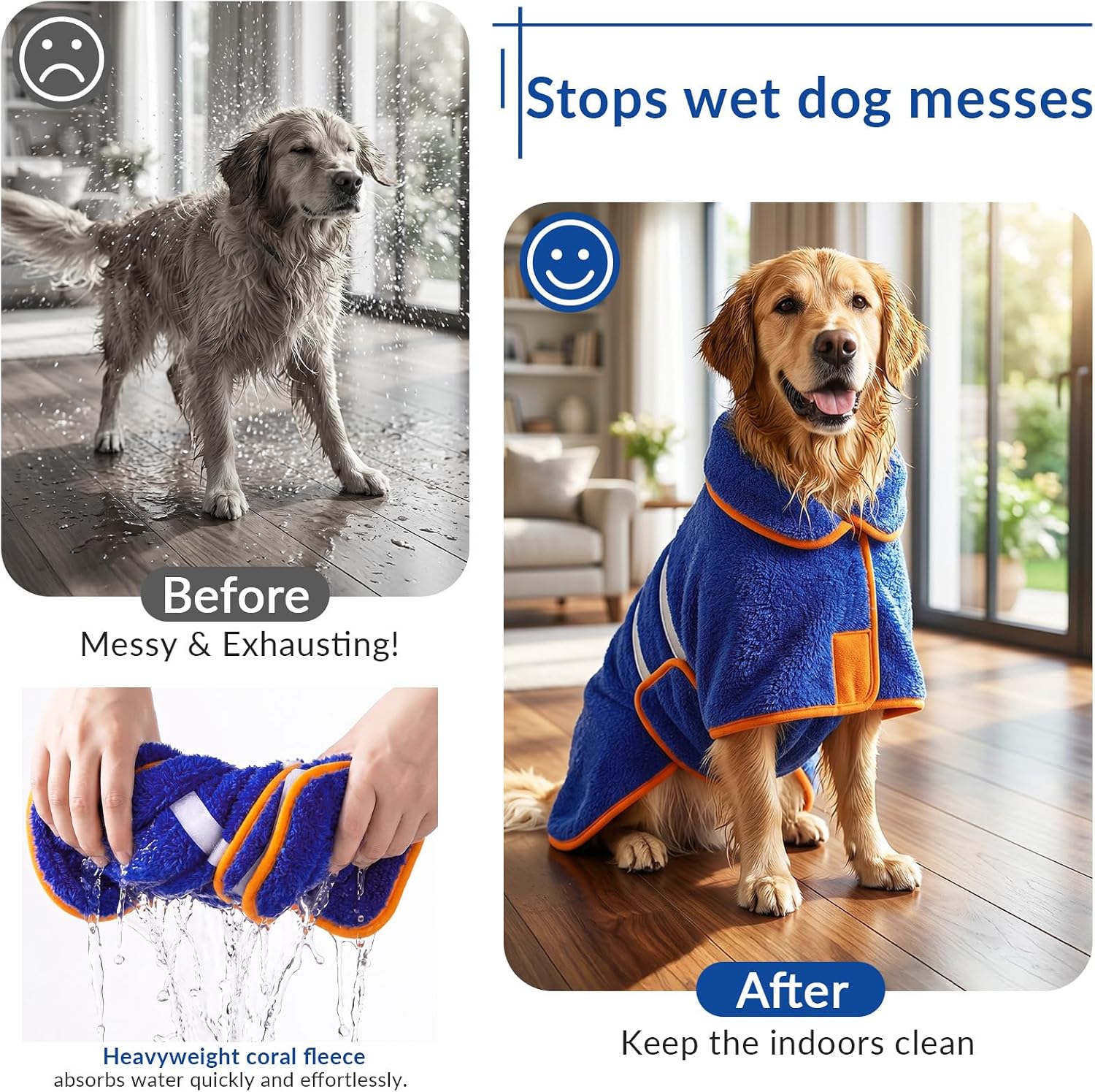 Dog Bathrobe, Super Absorbent for Small to Large Dogs, Dark Blue XL | Dog Robes with Soft Fleece, Warm & Cozy, Adjustable Fit