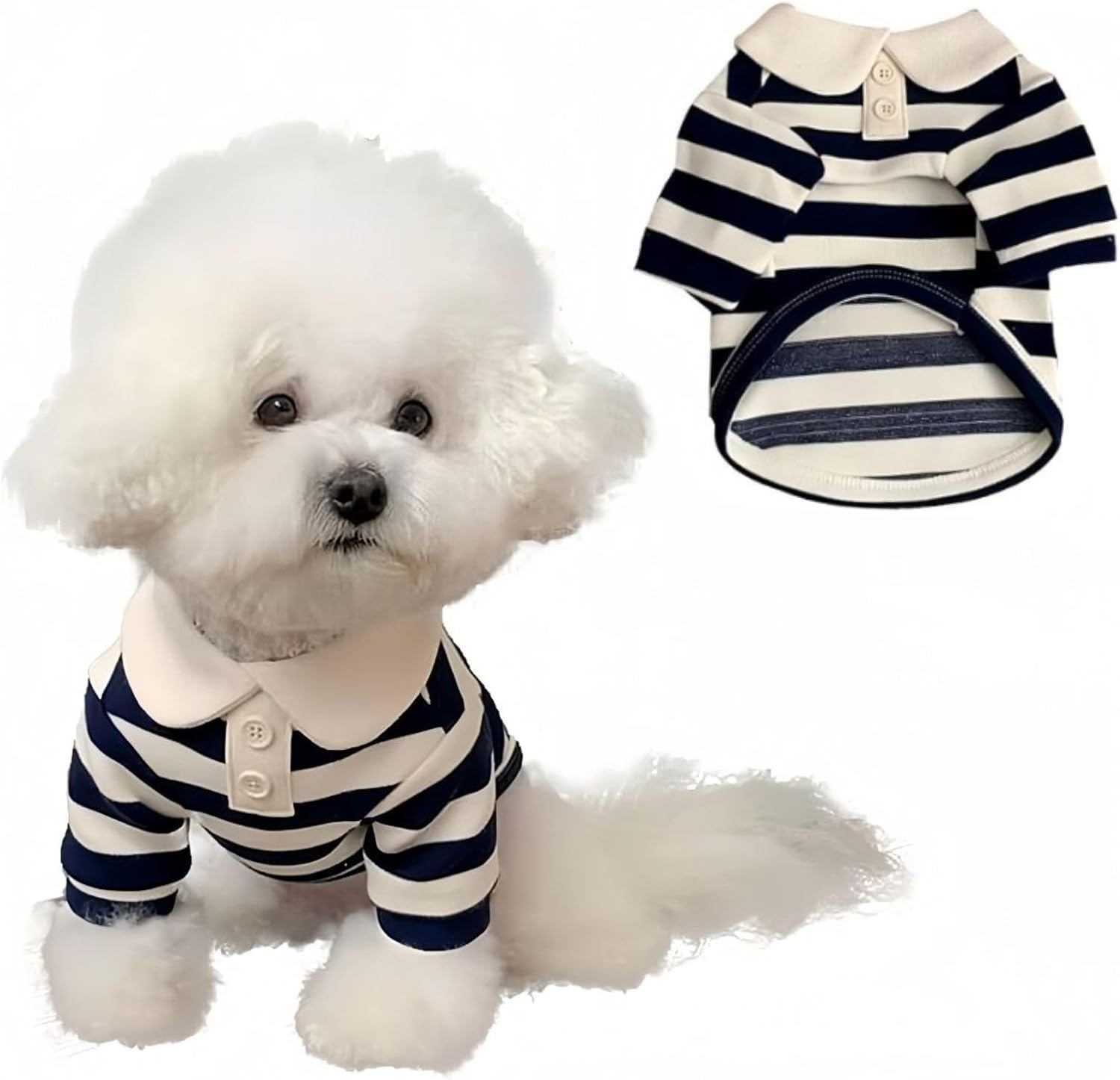 MANON ROSA Boy Dog Polo Shirt for Small Dogs, Dark Blue, S, 3.3-5.5 lb | Cute Puppy Clothes With Classic Stripes, Soft Breath