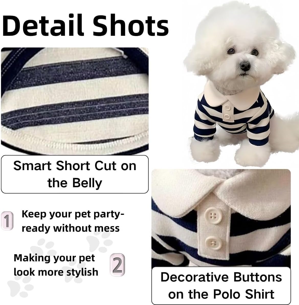 MANON ROSA Boy Dog Polo Shirt for Small Dogs, Dark Blue, S, 3.3-5.5 lb | Cute Puppy Clothes With Classic Stripes, Soft Breath