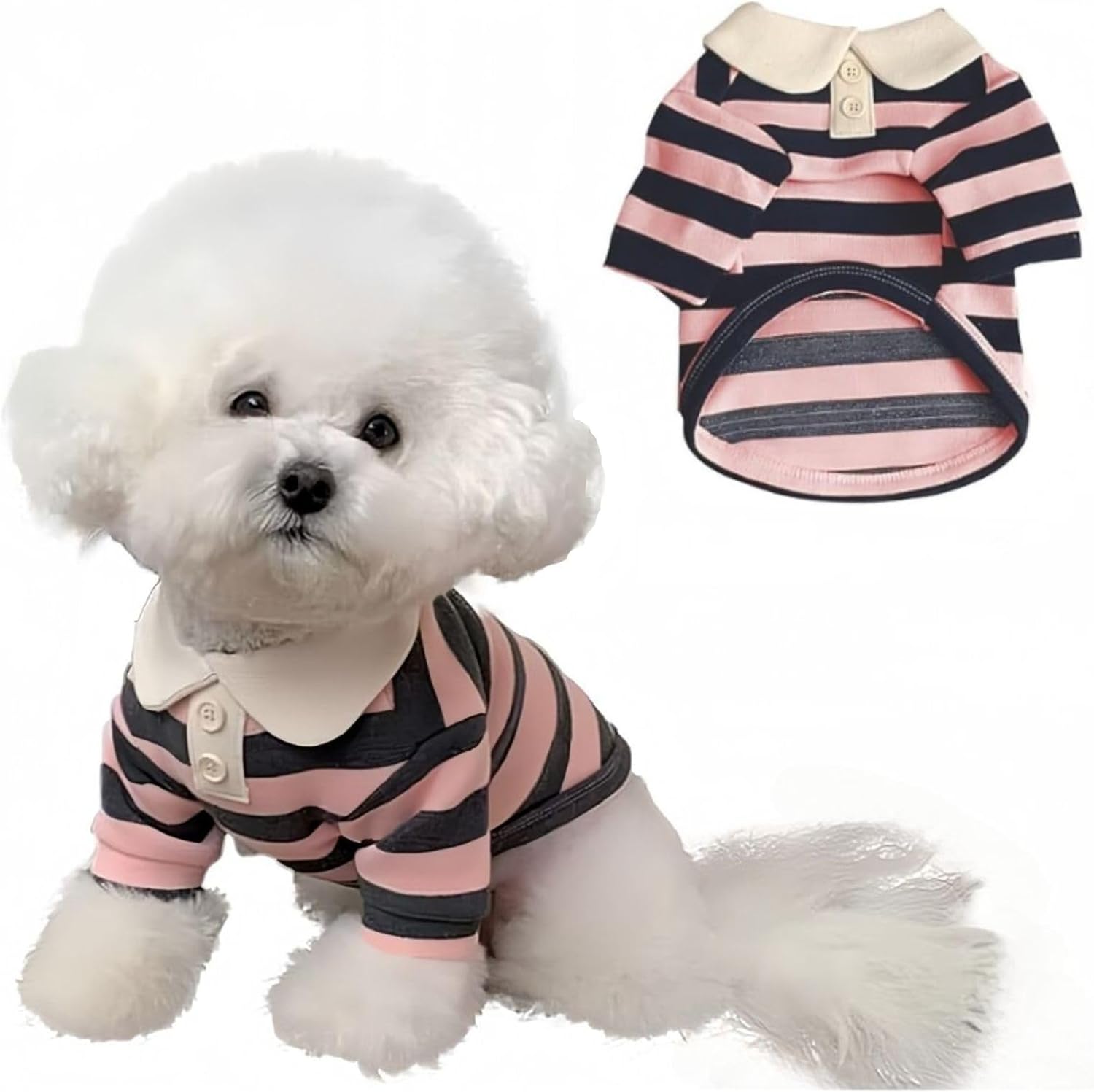 MANON ROSA Boy Dog Polo Shirt for Small Dogs, Dark Blue, S, 3.3-5.5 lb | Cute Puppy Clothes With Classic Stripes, Soft Breath