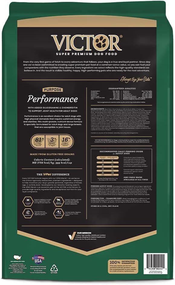 VICTOR Performance Dry Dog Food – Beef, Chicken & Pork Meal, 40 lb | Super Premium Dog Food, 26% Protein, For Active Adult Do