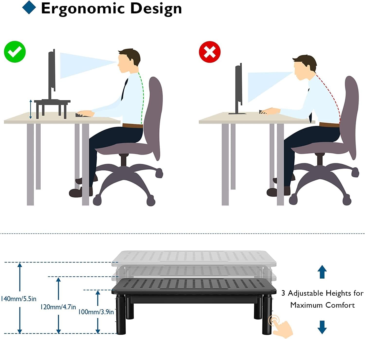 BONTEC 2 Pack Adjustable Monitor Stand Riser with Drawer, Supports 44lbs | Ergonomic Mesh Platform for Desk, Ventilated Laptop and PC Use with Cable Management for a Cooler, Organized Workspace - Image 6
