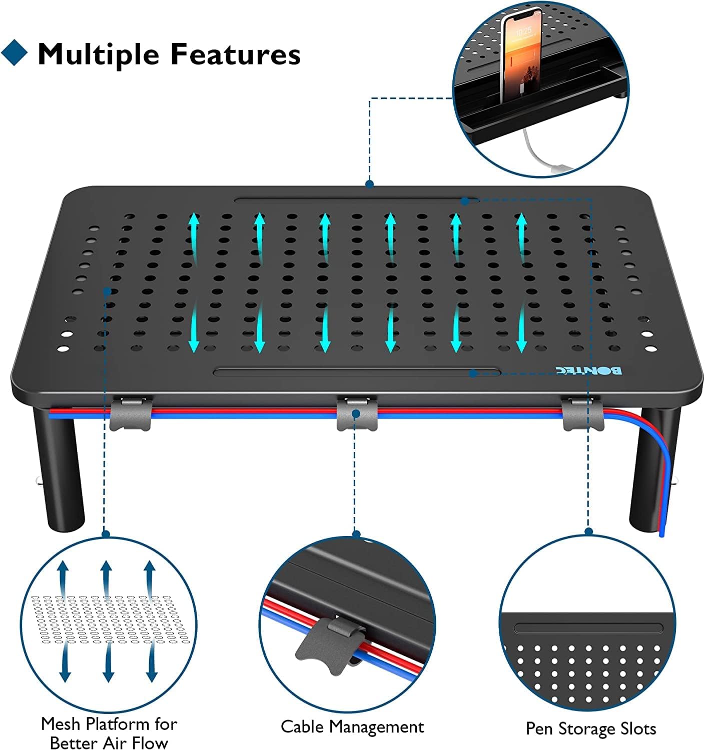 BONTEC 2 Pack Adjustable Monitor Stand Riser with Drawer, Supports 44lbs | Ergonomic Mesh Platform for Desk, Ventilated Laptop and PC Use with Cable Management for a Cooler, Organized Workspace - Image 4