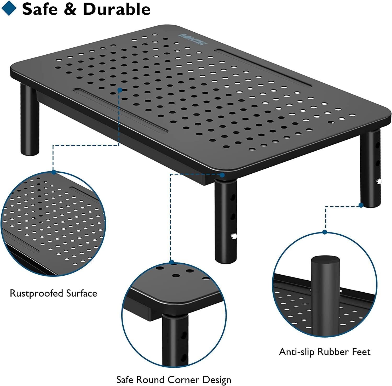 BONTEC 2 Pack Adjustable Monitor Stand Riser with Drawer, Supports 44lbs | Ergonomic Mesh Platform for Desk, Ventilated Laptop and PC Use with Cable Management for a Cooler, Organized Workspace - Image 5