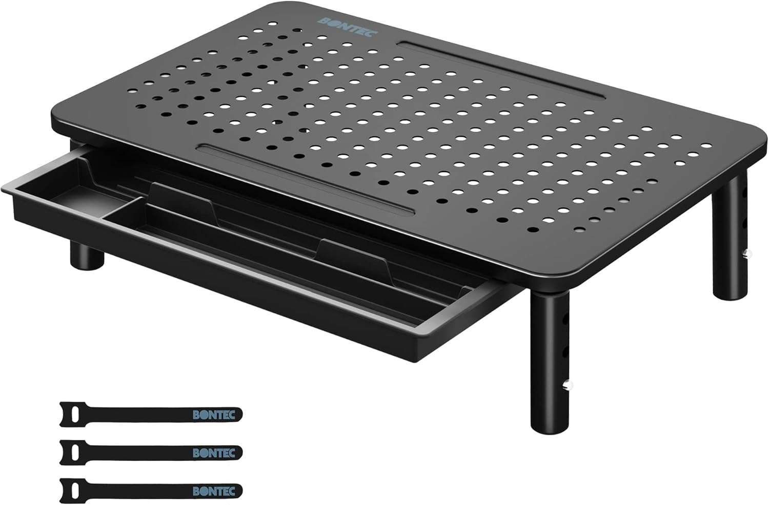 BONTEC 2 Pack Adjustable Monitor Stand Riser with Drawer, Supports 44lbs | Ergonomic Mesh Platform for Desk, Ventilated Laptop and PC Use with Cable Management for a Cooler, Organized Workspace - Image 11