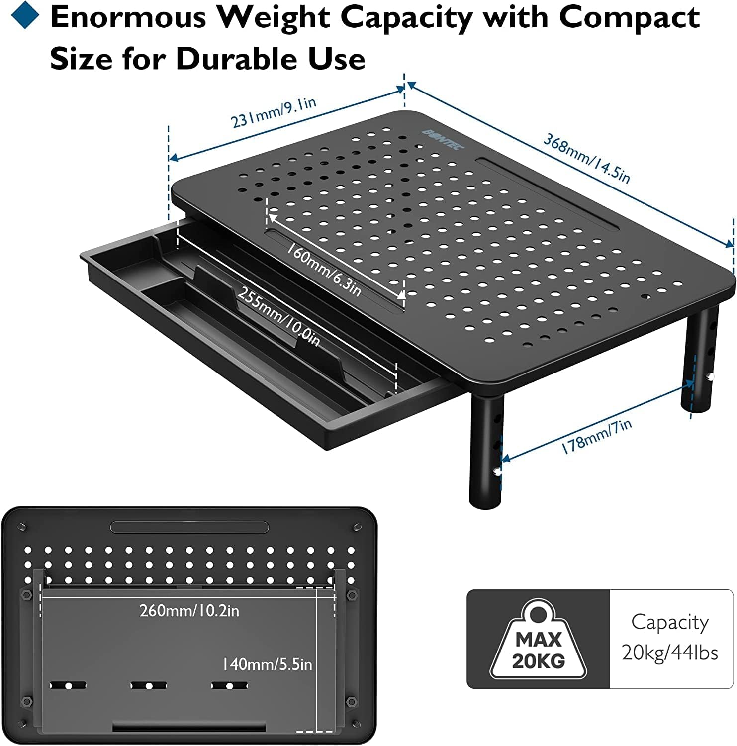 BONTEC 2 Pack Adjustable Monitor Stand Riser with Drawer, Supports 44lbs | Ergonomic Mesh Platform for Desk, Ventilated Laptop and PC Use with Cable Management for a Cooler, Organized Workspace - Image 3