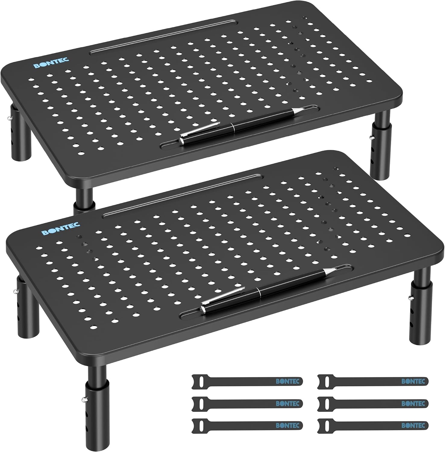 BONTEC 2 Pack Adjustable Monitor Stand Riser with Drawer, Supports 44lbs | Ergonomic Mesh Platform for Desk, Ventilated Laptop and PC Use with Cable Management for a Cooler, Organized Workspace - Image 10
